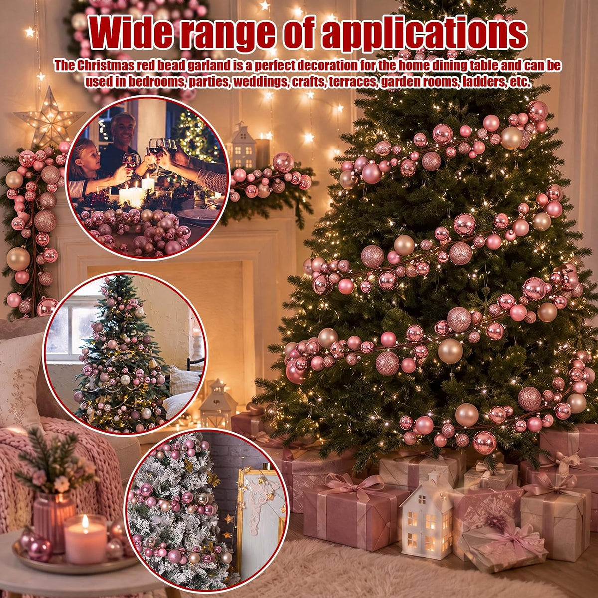 2 Pcs 6 ft Christmas Ball Ornament Garland, Pink, Champagne Gold | Bauble Bulb Christmas Tree Ball Decoration