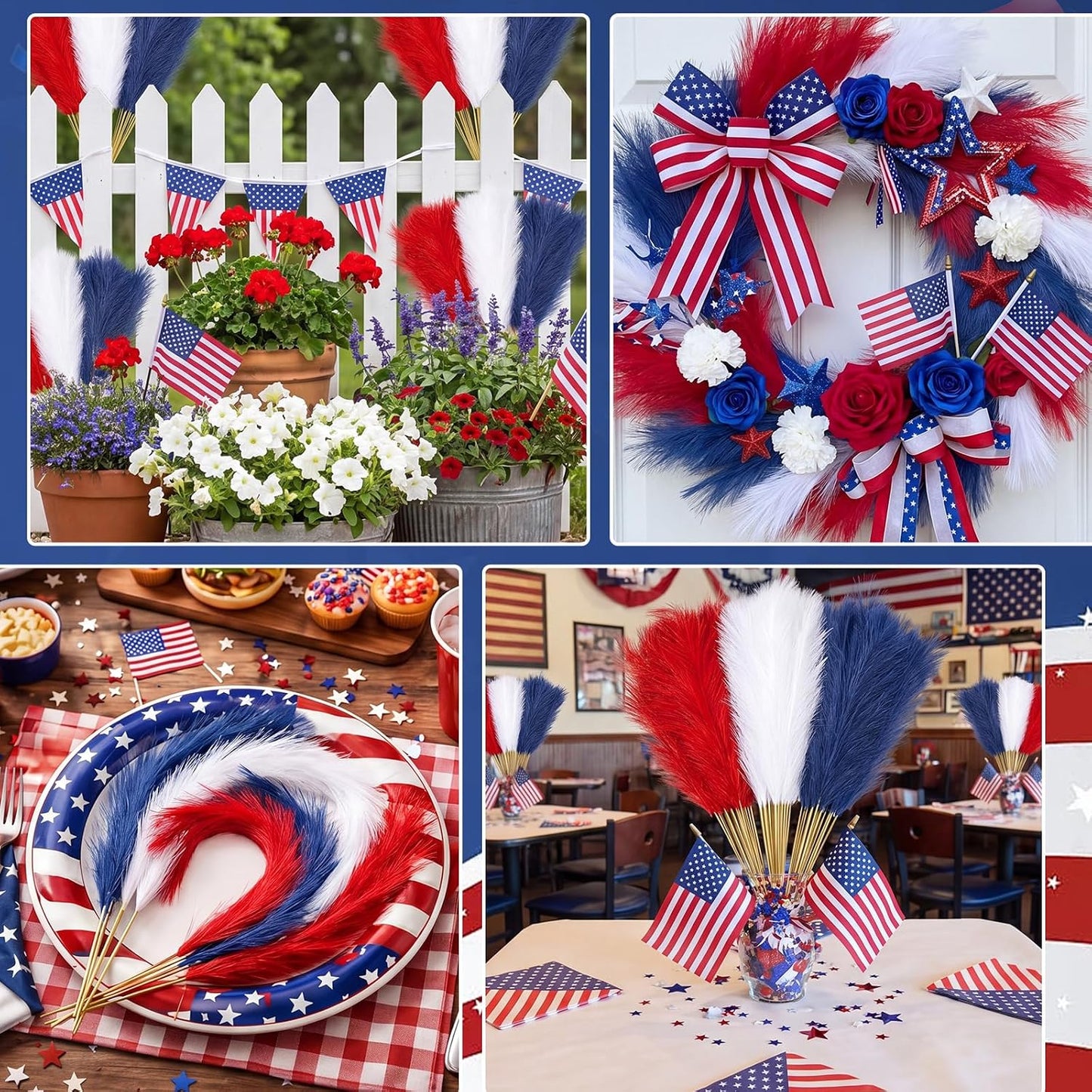 4th of July Faux Pampas Grass Decor Bulk White and Blue Patriotic / Red / 21.6 Inch / Set of 90
