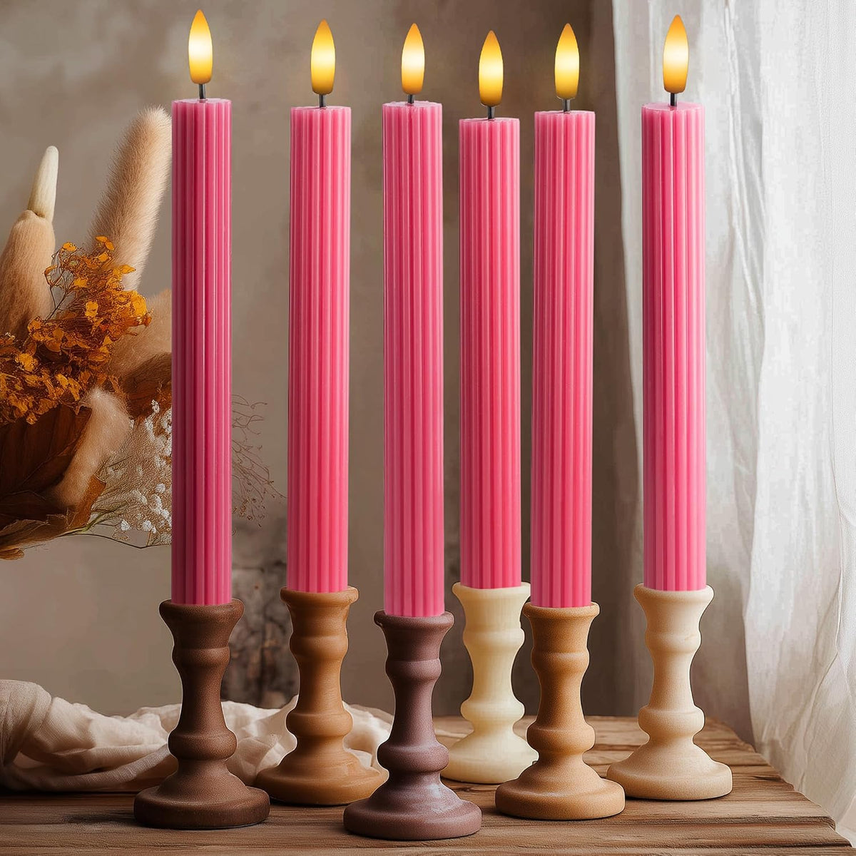 10" Fluted Ribbed LED Pink Grooved Real Wax Taper Candles, Remote & 24h Timer Memory, On/Off Switch - Flameless