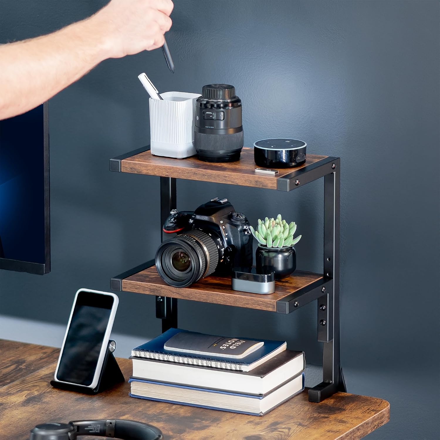 VIVO Vintage Brown Clamp-on 13 inch 2-Tier Desk Shelf, STAND-SHELF2C-N | Above or Below Desk, Rustic 2 Level Shelving