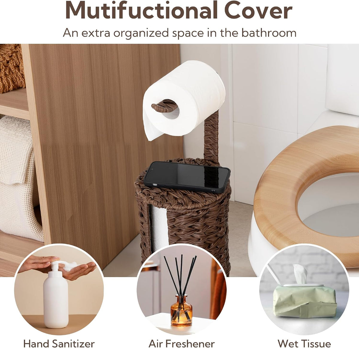 GRANNY SAYS Wicker Free Standing Toilet Paper Holder Stand with Storage | Modern Covered Toilet Paper Stand for 4 Rolls