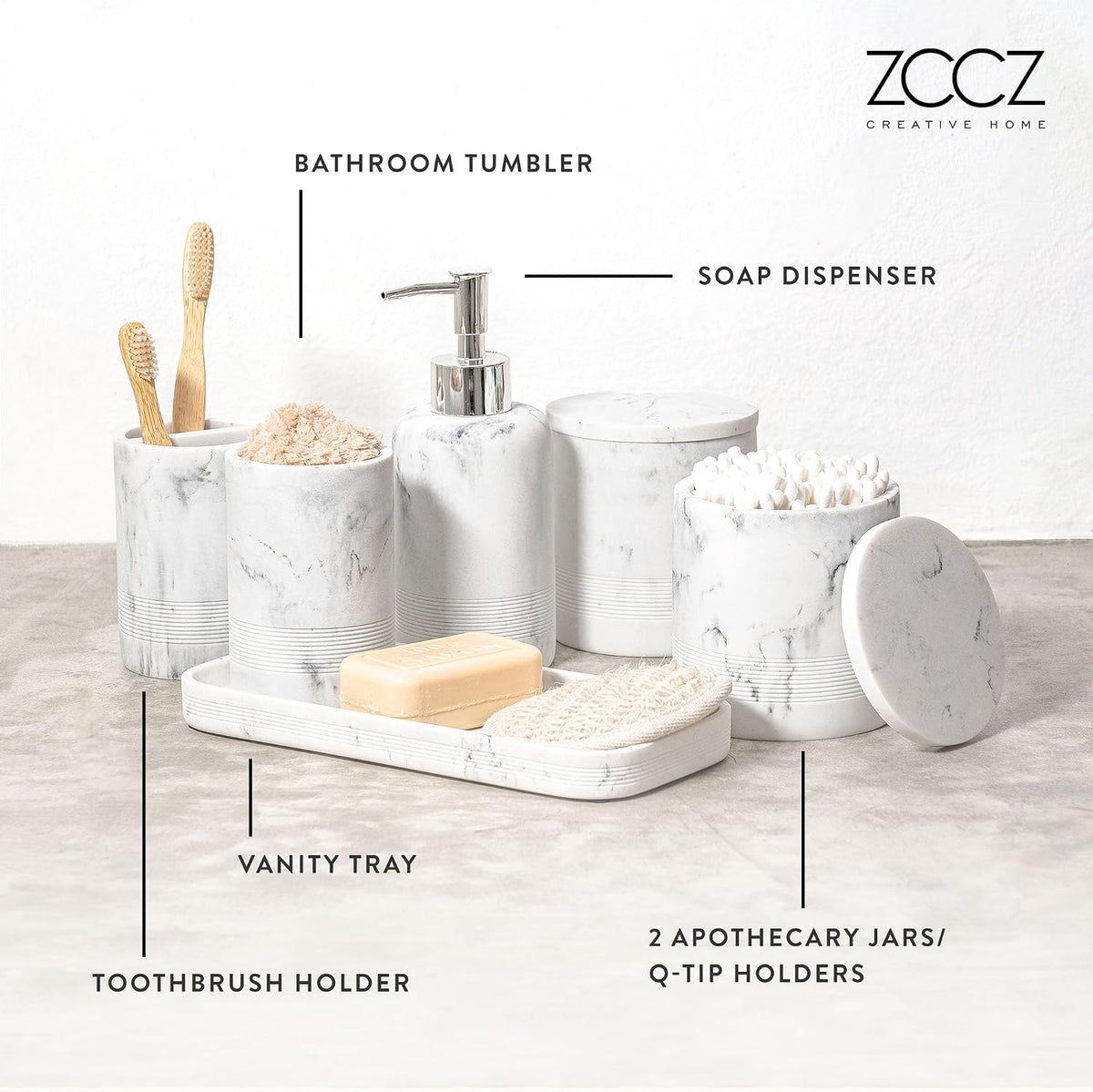 White Marble Bathroom Accessories Set 6 Pieces - Toothbrush Holder, Lotion Dispenser, Qtip Container, Vanity Tray