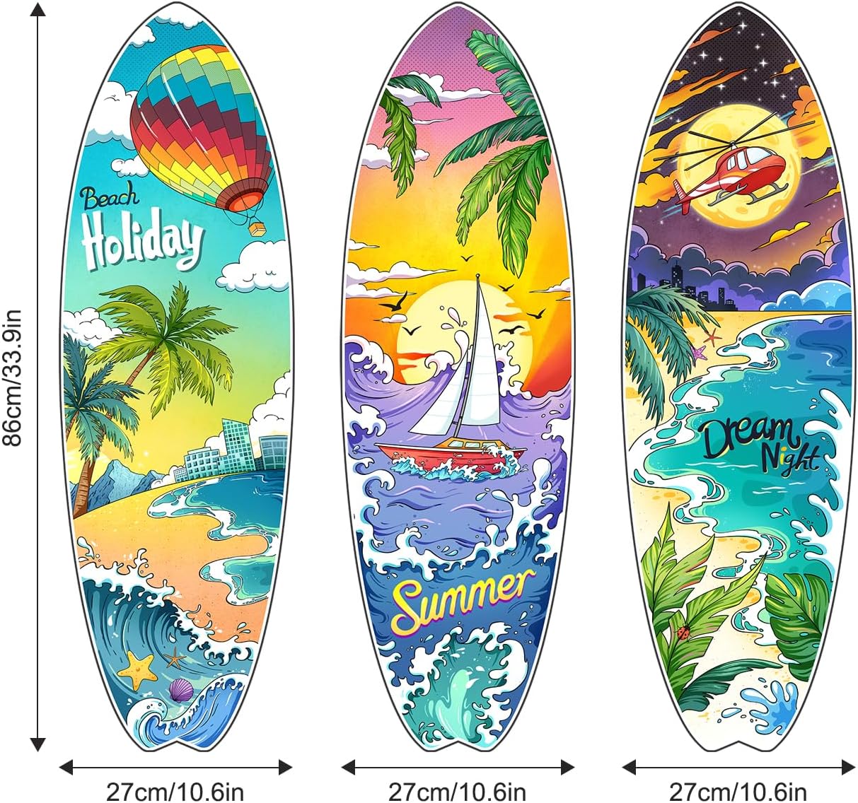 Surfboard Wall Decals Summer Beach Holiday Wall Stickers Removable Vinyl Wall Art / Set of 3