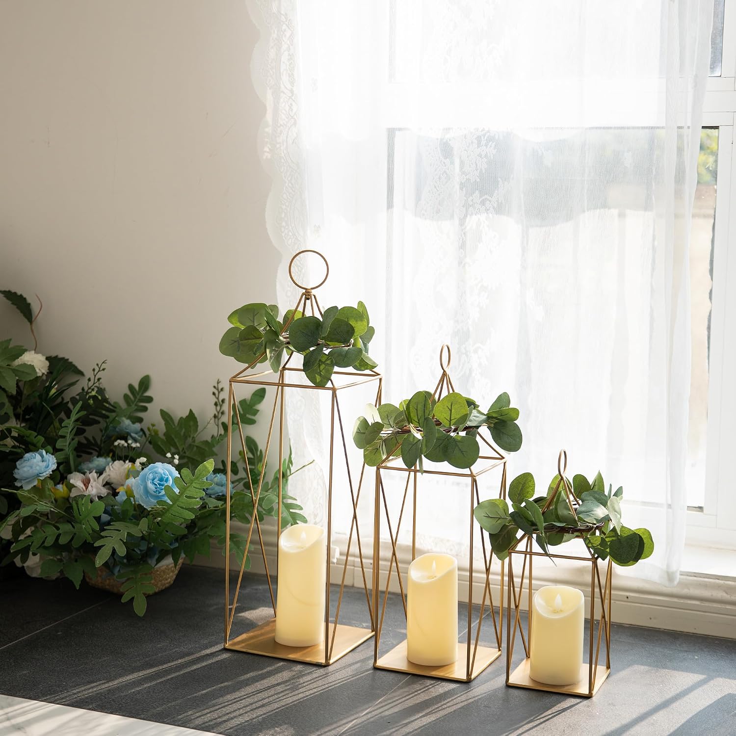 HPC Decor Tall Metal Lantern Decor Set of 3-24" 19" 13" Elegant Decorative Lanterns with Garlands-Modern Gold Candle
