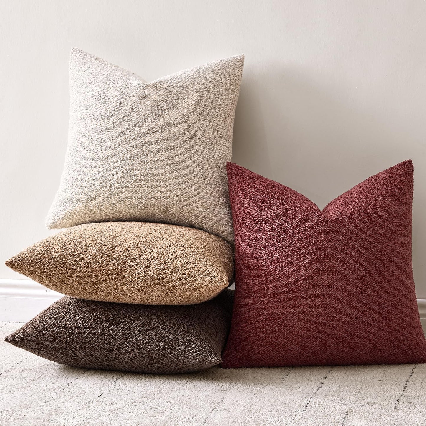 Decorative Boucle Throw Pillow Covers Textured Square Pillowcaes / 18 x 18 / Burgundy / Set of 2