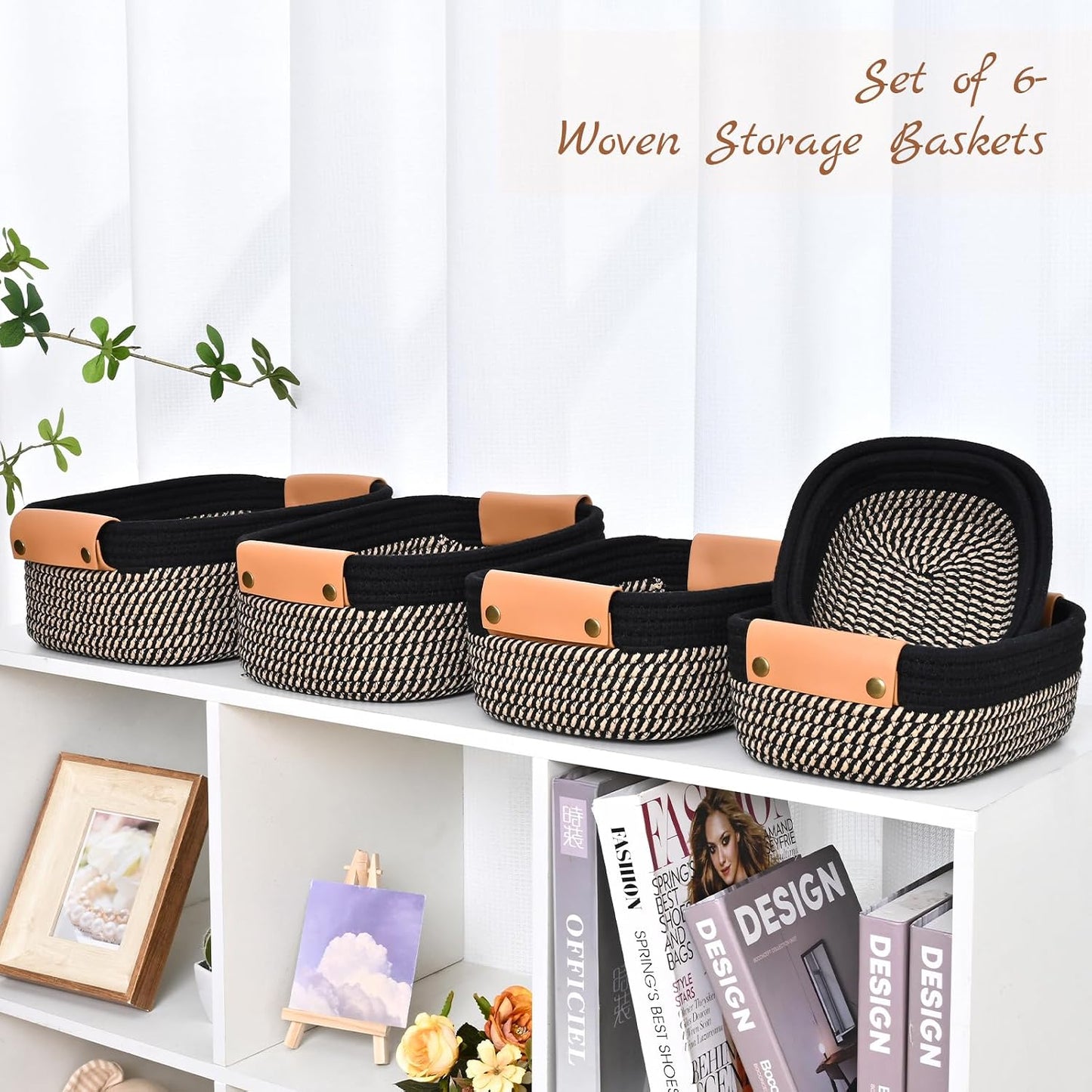 Small Woven Basket -4 Shelf Basket / Black & Brown / Set of 6