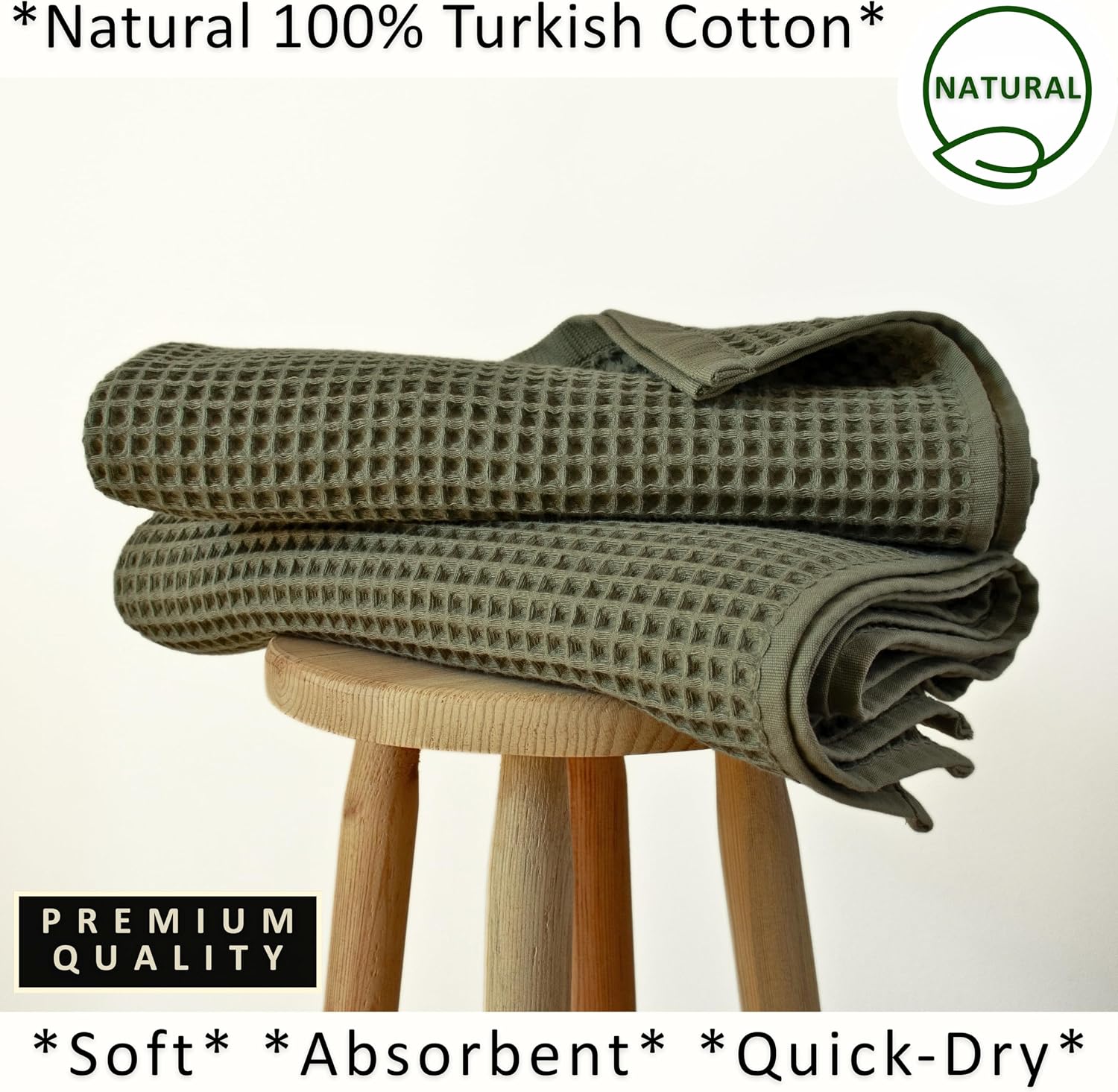 PÜSKÜL Natural 100% Turkish Cotton Waffle Bath Towels Set of 2, Extra-Large | Khaki Green, Oversize 32x63" Bath sheet