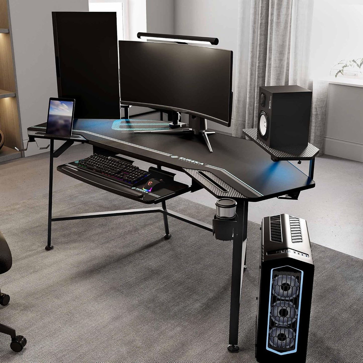 EUREKA ERGONOMIC Gaming Desk Wing Shaped Keyboard Tray 72 Inch Black | LED monitor stand with dual headphone hooks and