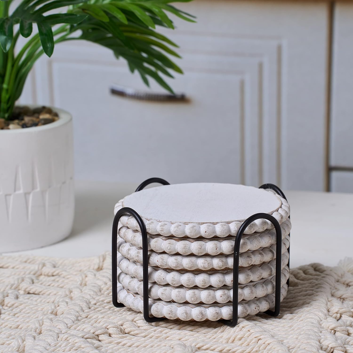 Metal Holder / GENMOUS Farmhouse Wooden Bead Coasters / White / Set of 6