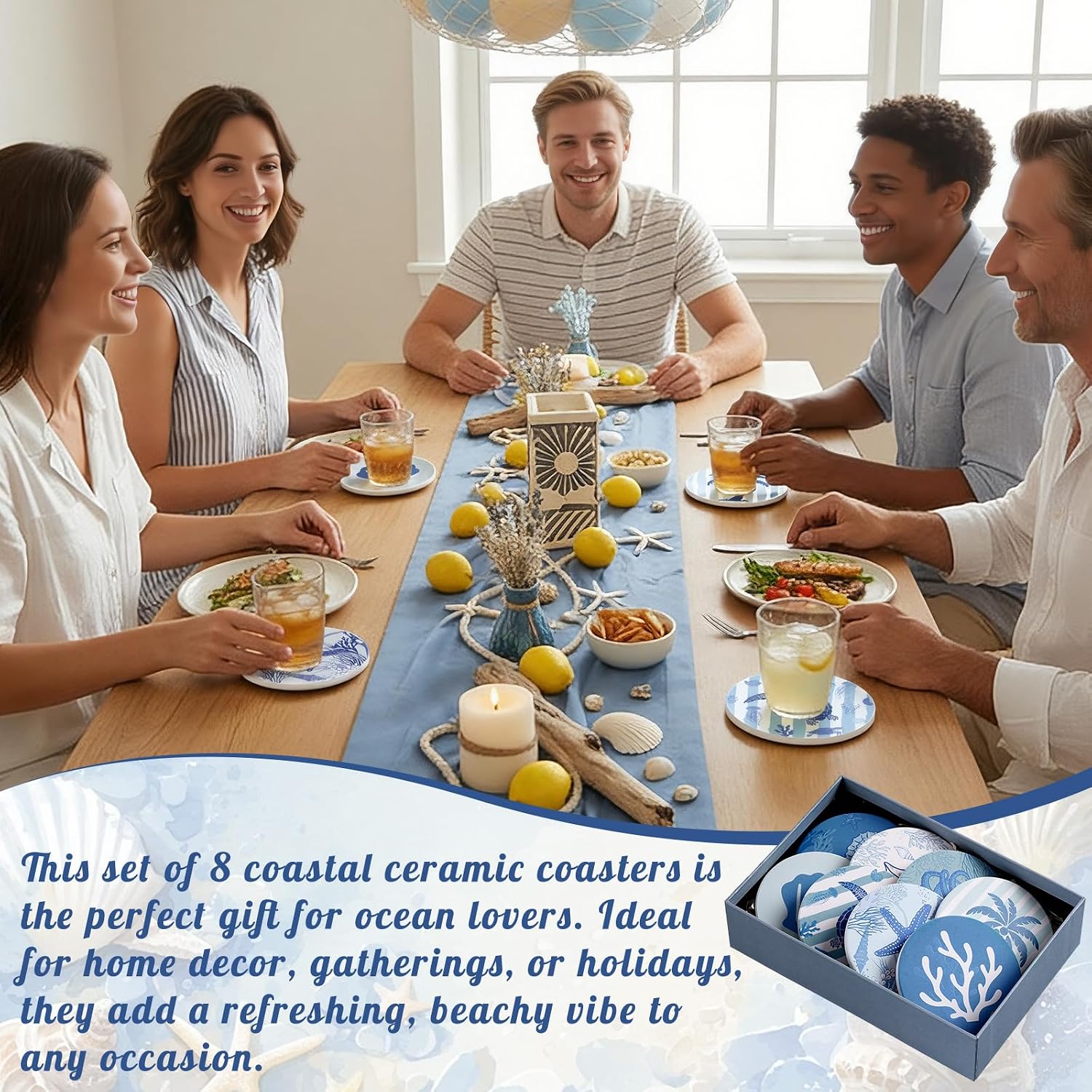 Coastal Coasters for Drinks Ceramic Stone Round Absorbent Coasters / Set of 8