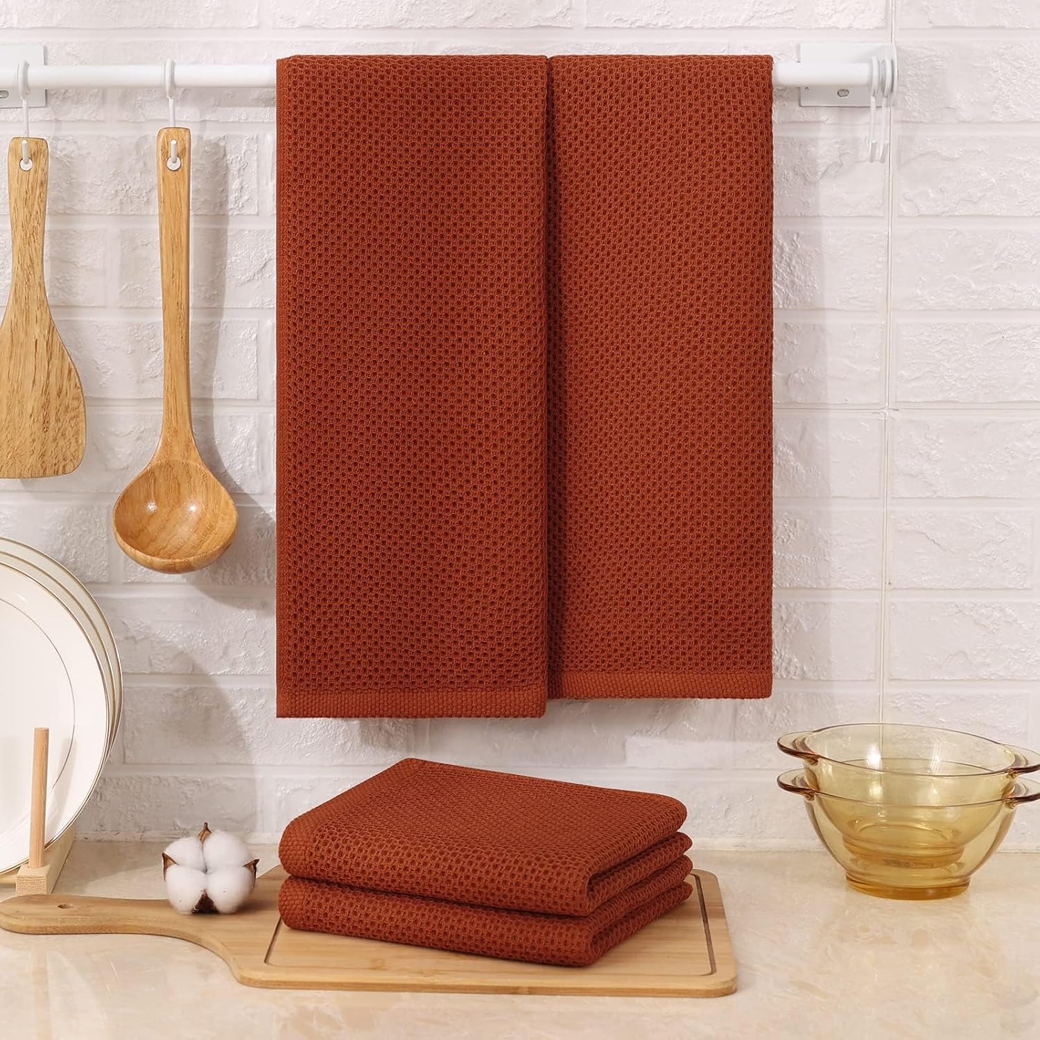 Kitinjoy 100% Cotton Waffle 8-Pack Kitchen Towels, 13" x 28", Rust | Super Soft, Ultra-Absorbent, Fast Drying
