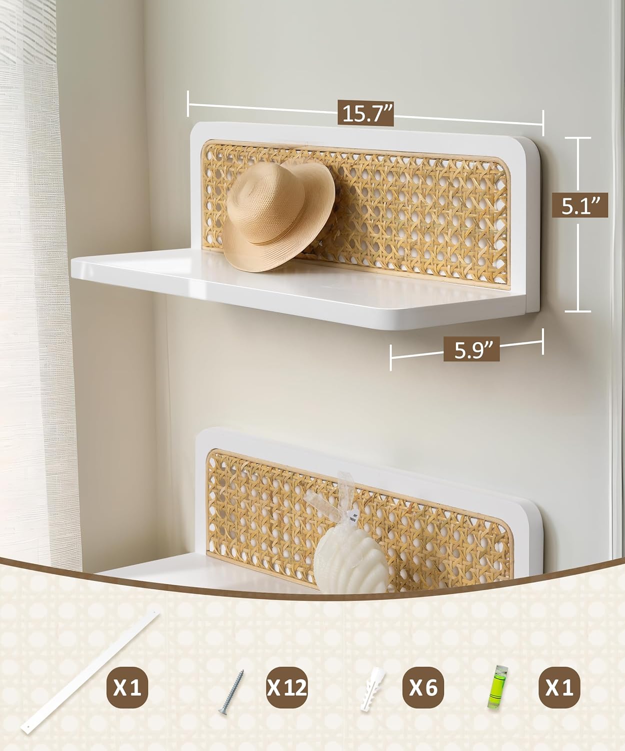 Rattan Floating Shelves / White / 5.9 x 15.75 x 5.1
