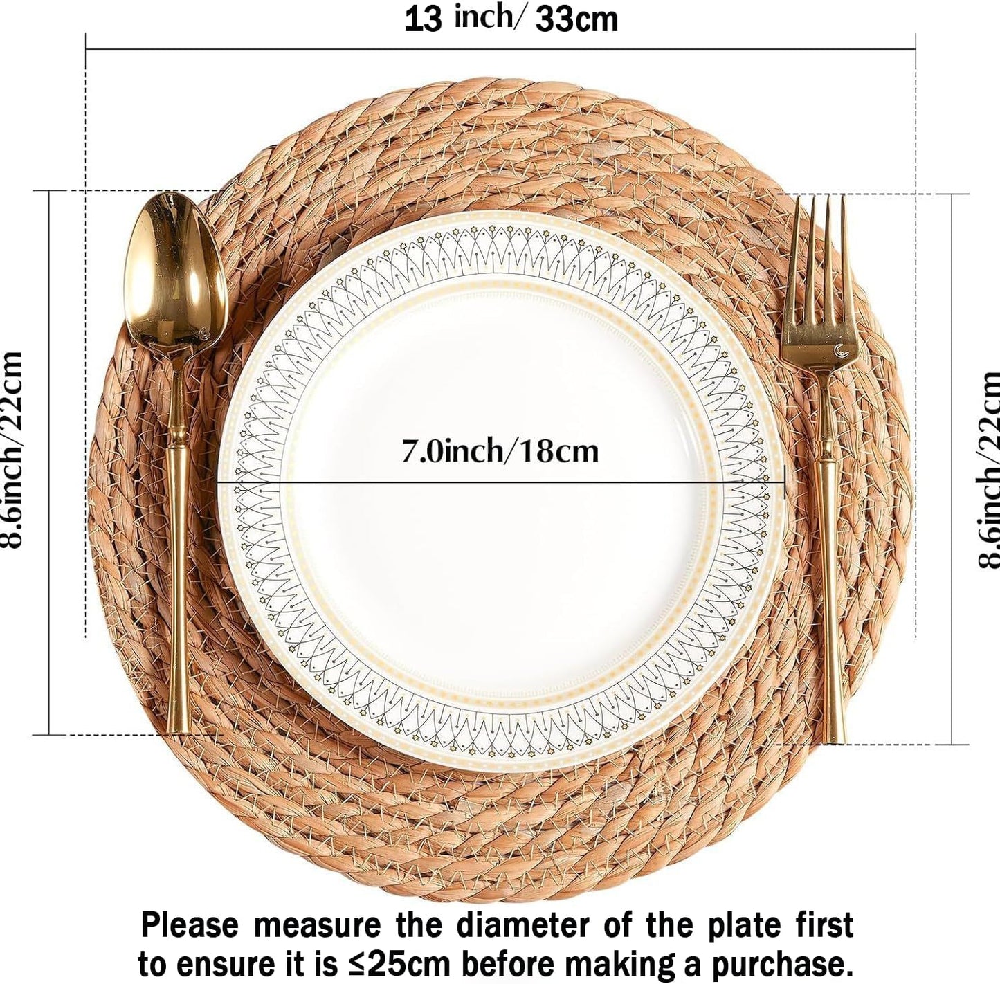 Handmade Heat Resistant 13" Round Woven Placemats Set of 8, Wicker Boho No Chemical Natural Water Hyacinth Place Mats