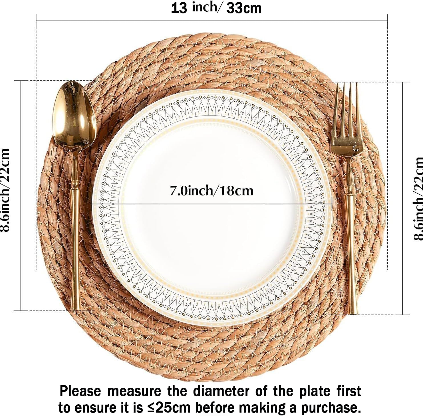 Handmade Heat Resistant 13" Round Woven Placemats Set of 8, Wicker Boho No Chemical Natural Water Hyacinth Place Mats