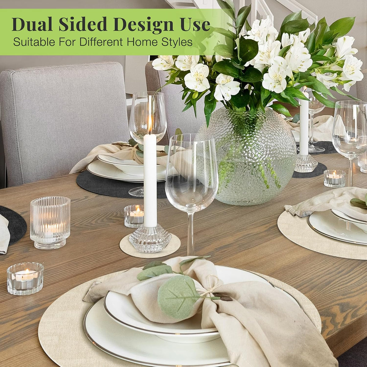 Fyvva Placemats Set of 12, 13" Round Reversible Faux Leather with Coasters | Wipeable & Waterproof Table Mats, Heat