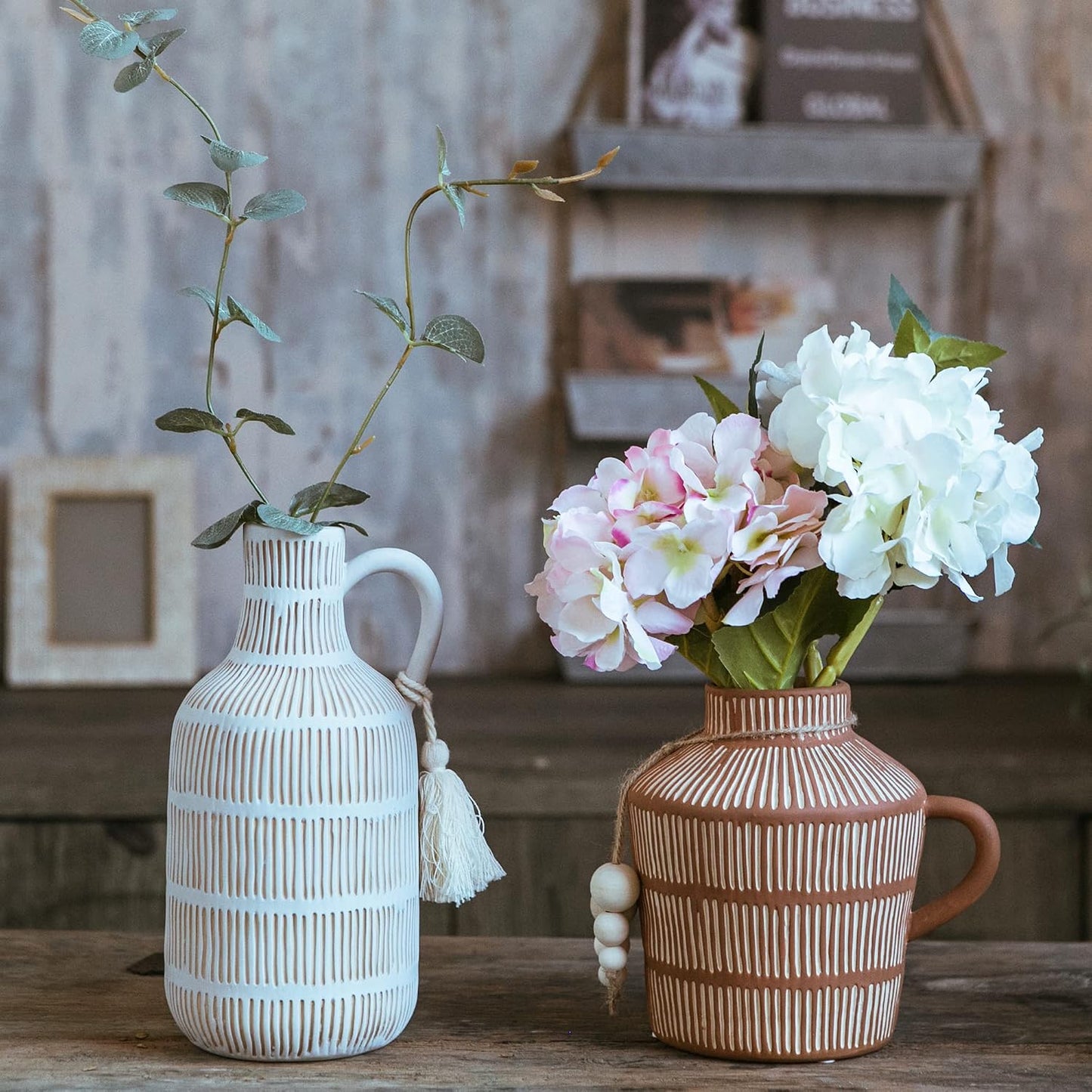 Farmhouse Vase / Grey Yellow Vertical Stripes Design Clay Vase 10'' Tall / Gray - Long