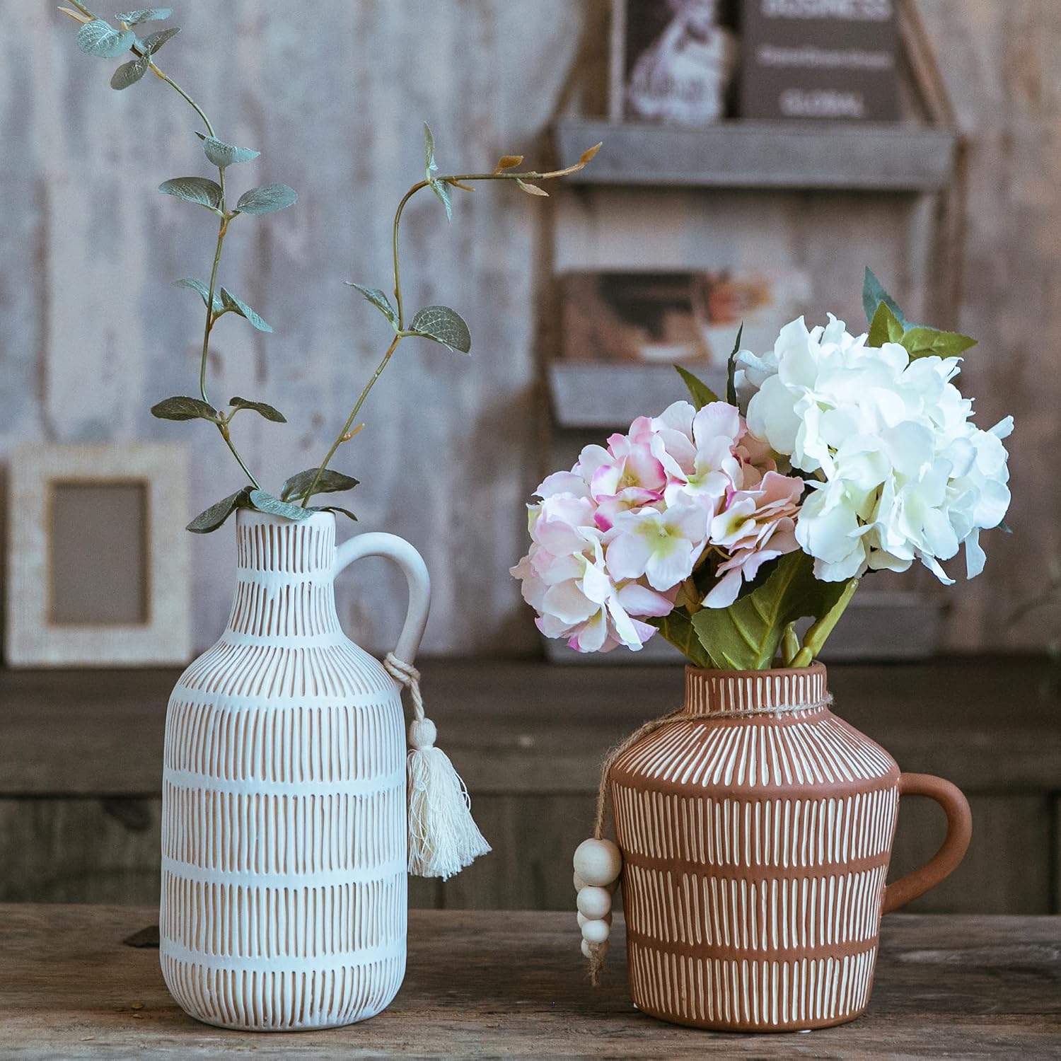Farmhouse Vase / Grey Yellow Vertical Stripes Design Clay Vase 10'' Tall / Gray - Long