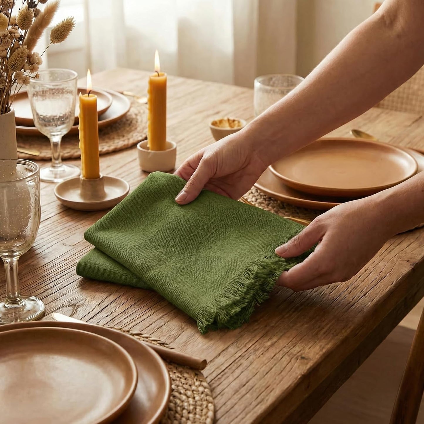 ACCENTHOME Olive Green Cotton Linen Napkin Set of 12 18x18 inch Dinner | Cotton Linen Blend Napkins, Machine Wash On