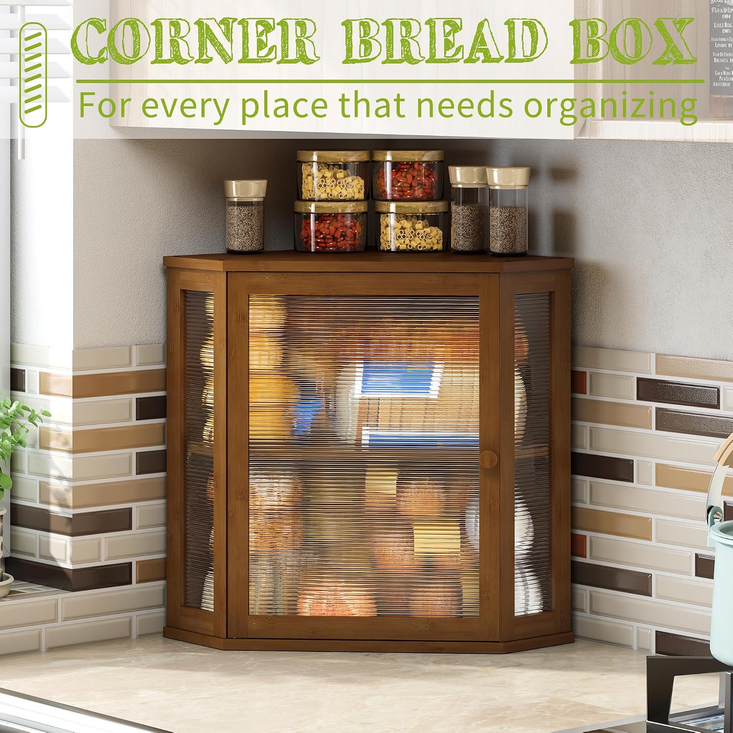 BMOSU Corner Bread Box for Kitchen Countertop Double Layer Bamboo Wooden Bread box Large Capacity Bread Storage