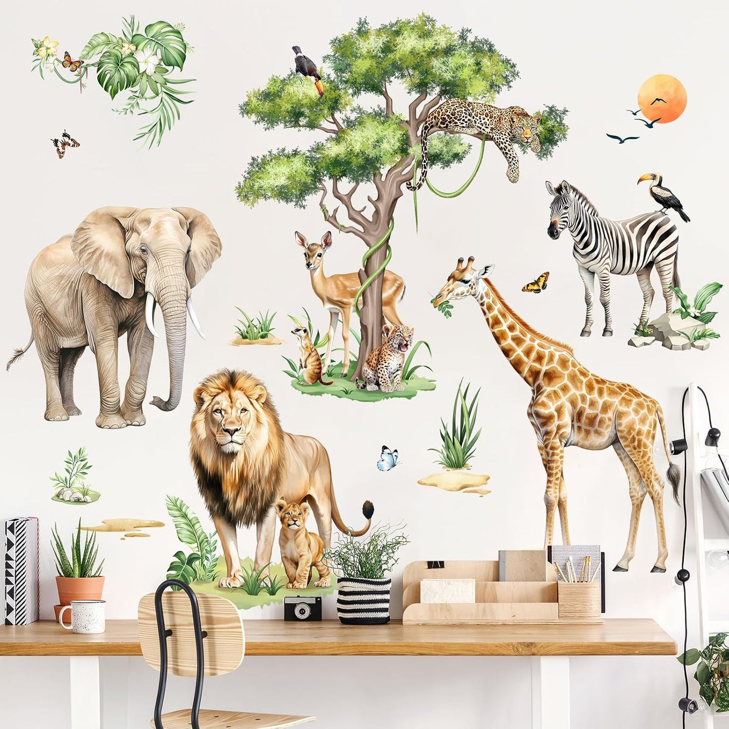 Large Safari Animals Tree Wall Stickers Jungle Animal Giraffe Elephant Lion Leopard Wall Decals Baby