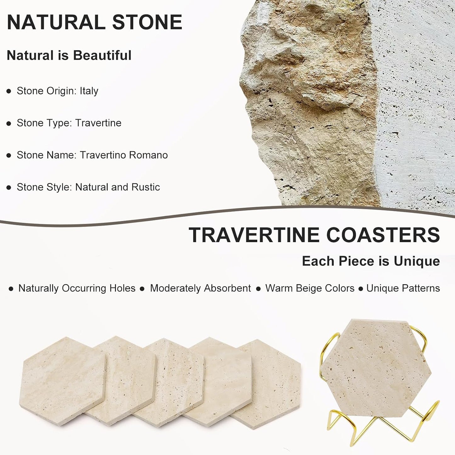 Holder / Hexagonal Rustic Farmhouse Marble Drink Coasters / 02 - Hexagon / Beige / Set of 6