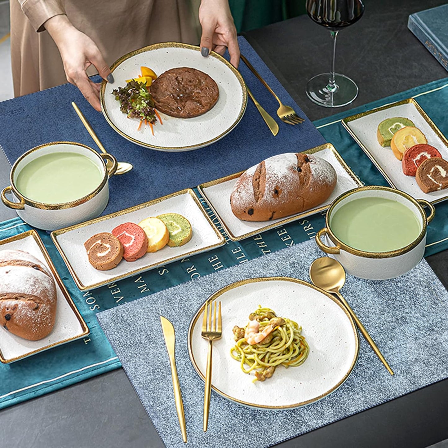 Leather Placemats Table Mats Set of 6, Navy Blue & Light Blue | Reversible Non-Slip Table Placemats, Heat-Resistant and