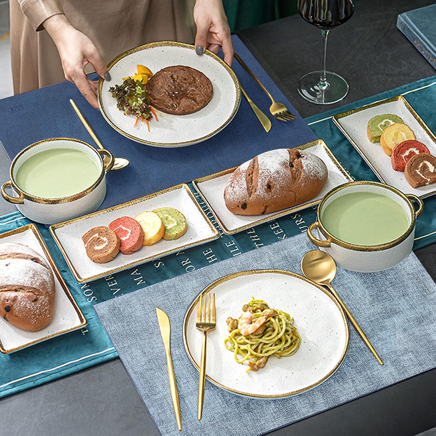 Leather Placemats Table Mats Set of 6, Navy Blue & Light Blue | Reversible Non-Slip Table Placemats, Heat-Resistant and
