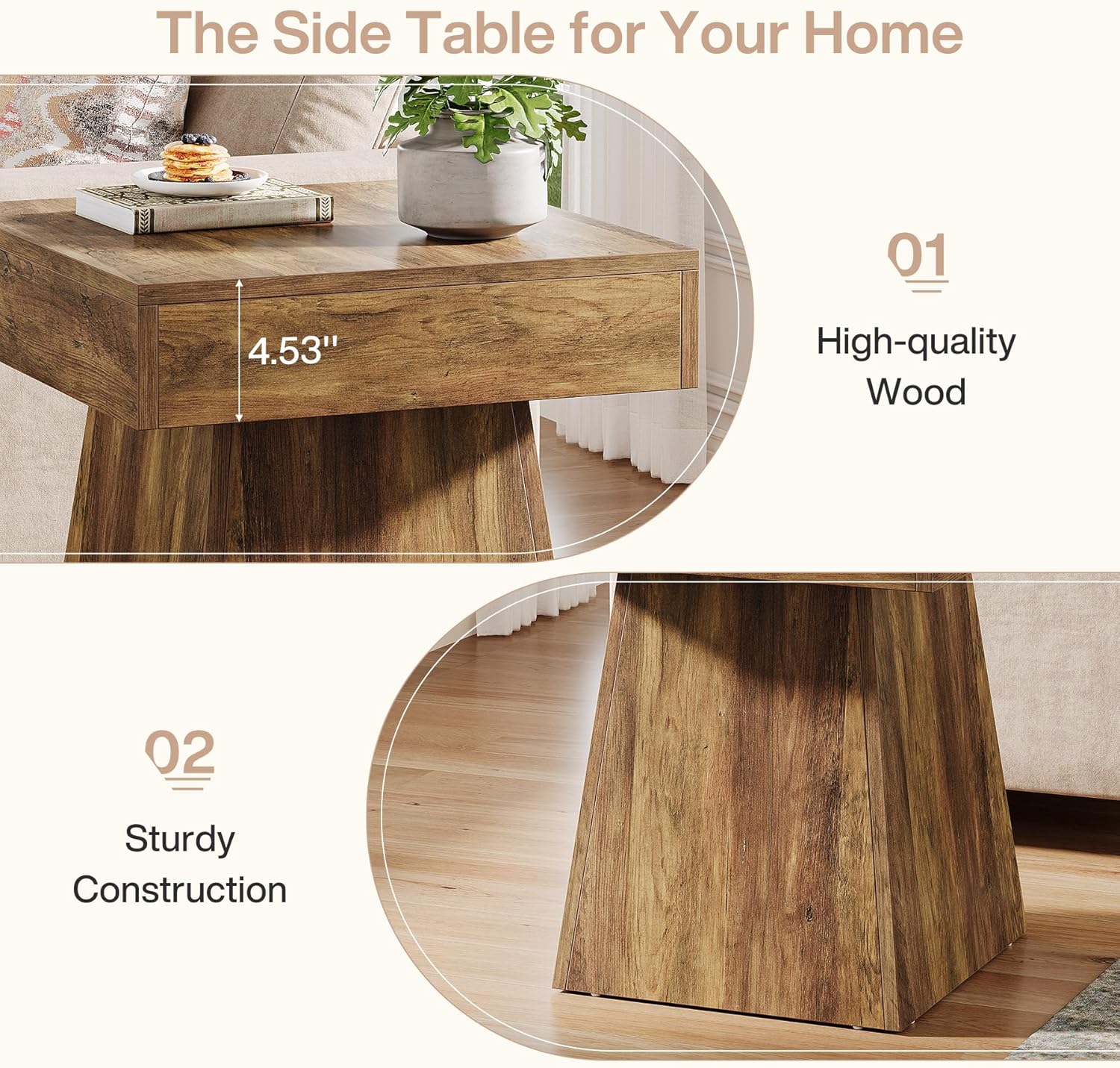 Rustic Square Side Table / Brown