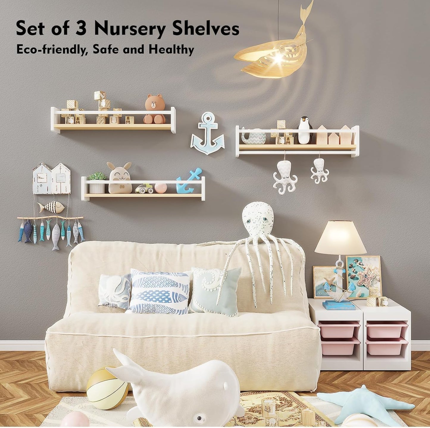 Pine Wood Nursery Shelves / White & Wooden / 16 In