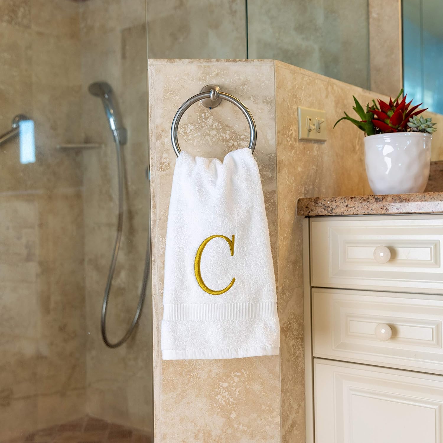 White with Gold Monogrammed Hand Towels for Bathroom - Set of 2 Letter C | Luxury Hotel Quality Initial Towels For
