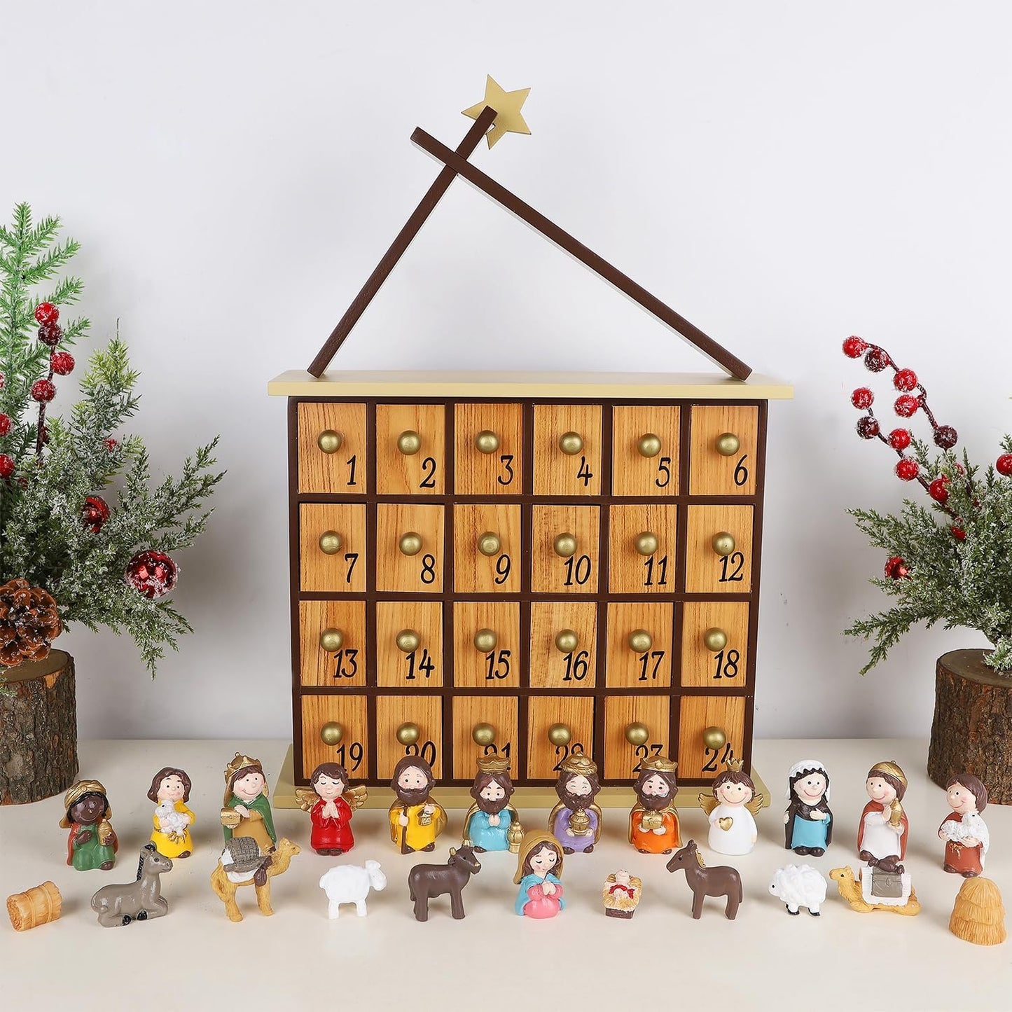Juegoal Nativity Advent Calendar, Countdown to Christmas Advent Calendar with 24 Pieces Figures & 24 Drawers, Christian