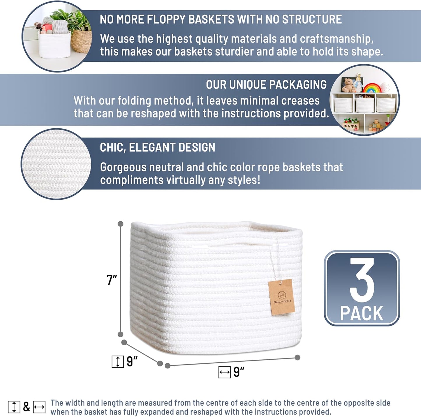 Storage Cubes "Cotton Rope Woven Baskets for Organizing / Off White / 9 x 9 x 7 / Set of 3