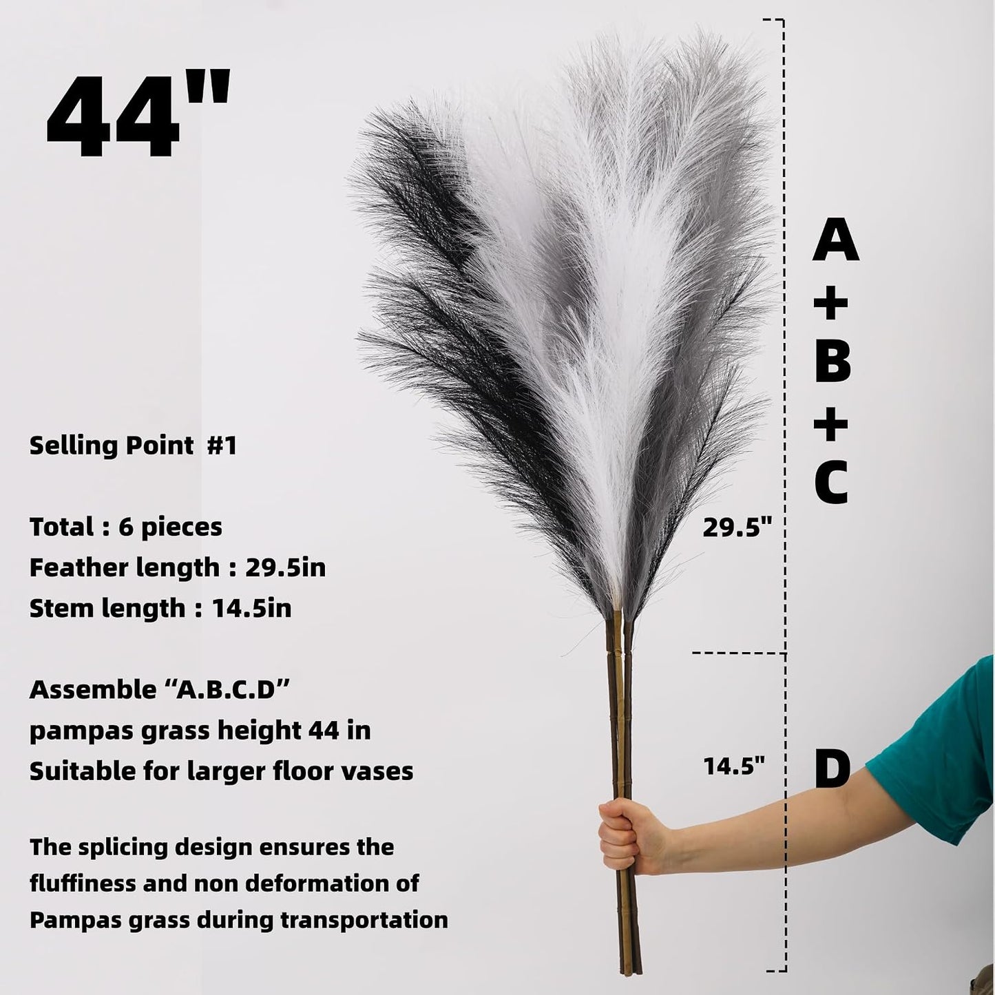 Pampas Grass Decor Tall 44''/ Fluffy Large Pompas Grass / Black White Gray / 3.7 Inch / Set of 6