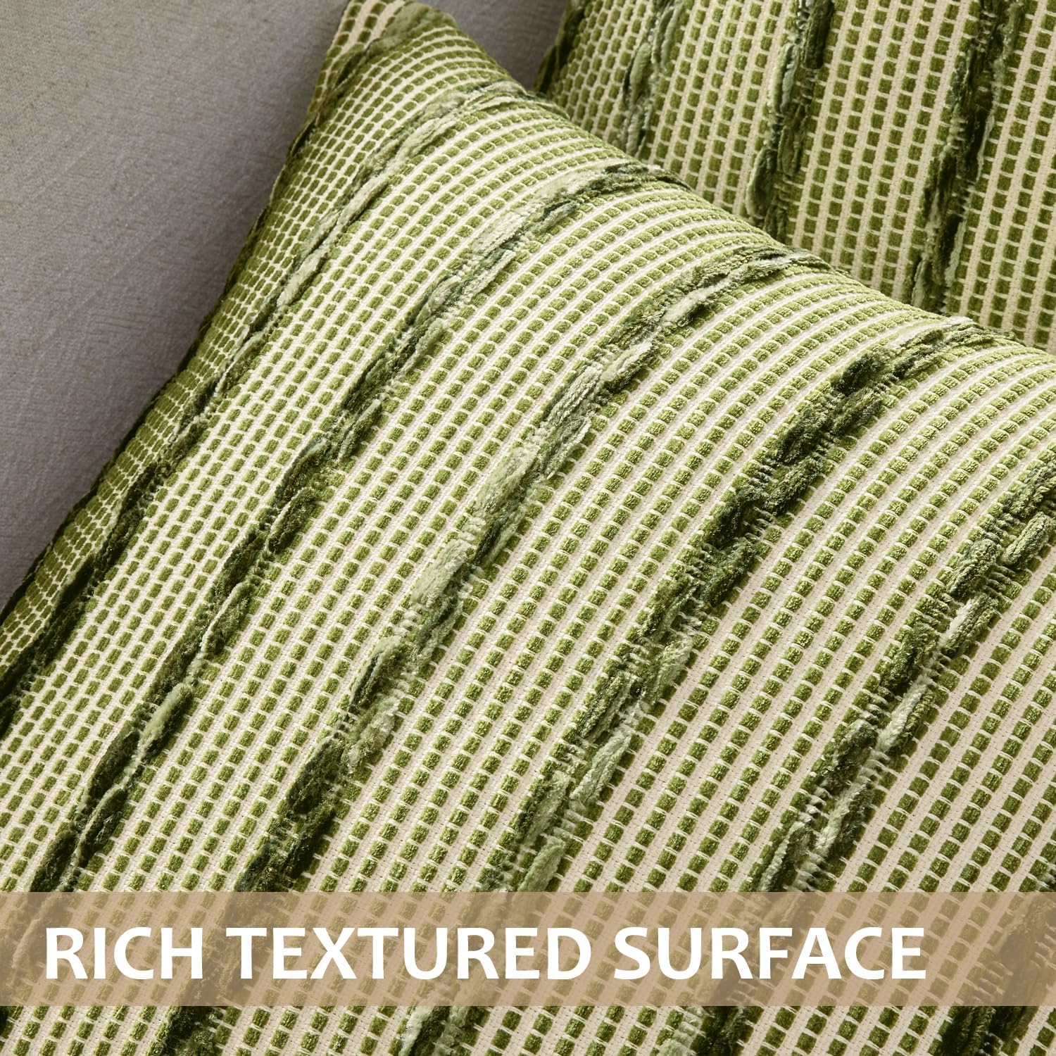 Boho Woven Chenille Pillow Covers Soft Textured Decorative / Olive Stripe / 20 x 20 / Set of 2