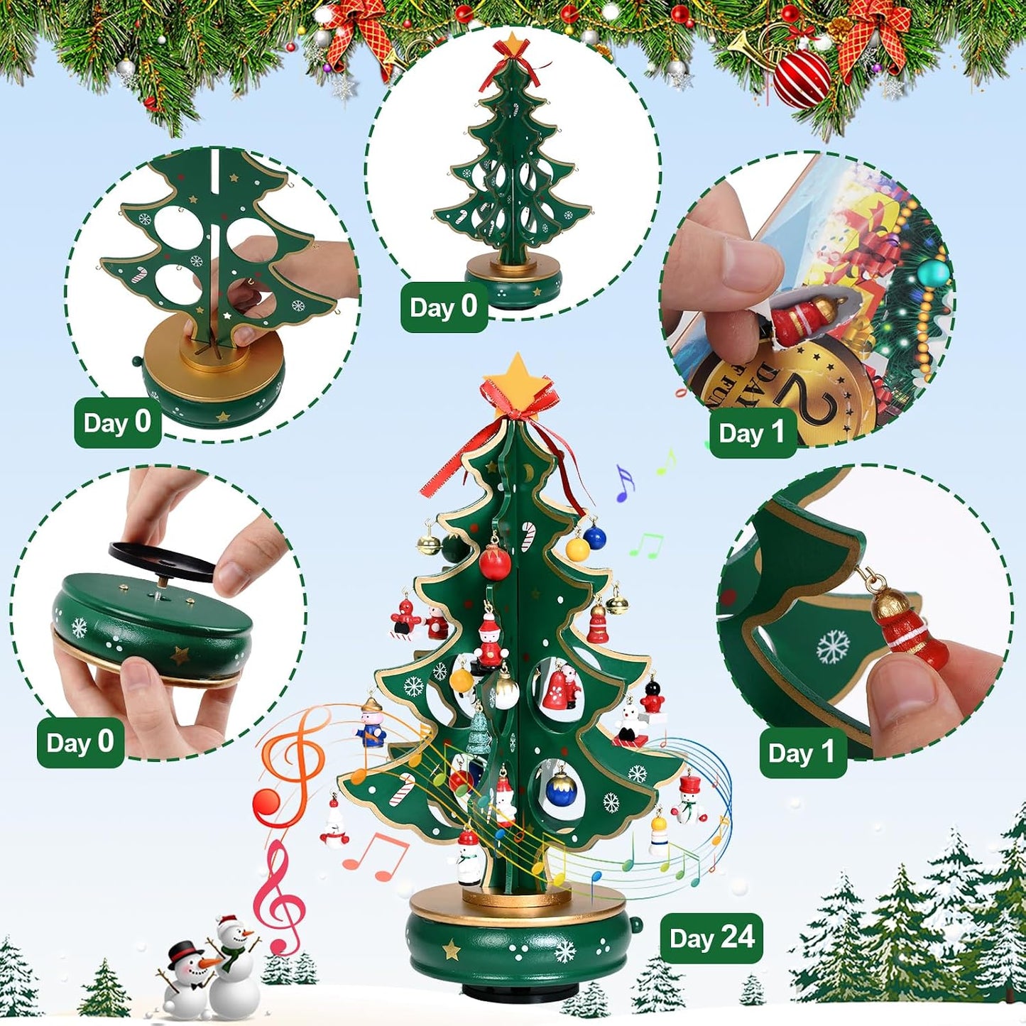 Uspring Christmas 24 Days Countdown Advent Calendar 2025, Musical Wooden Christmas Tree with Classic Music Box and 36