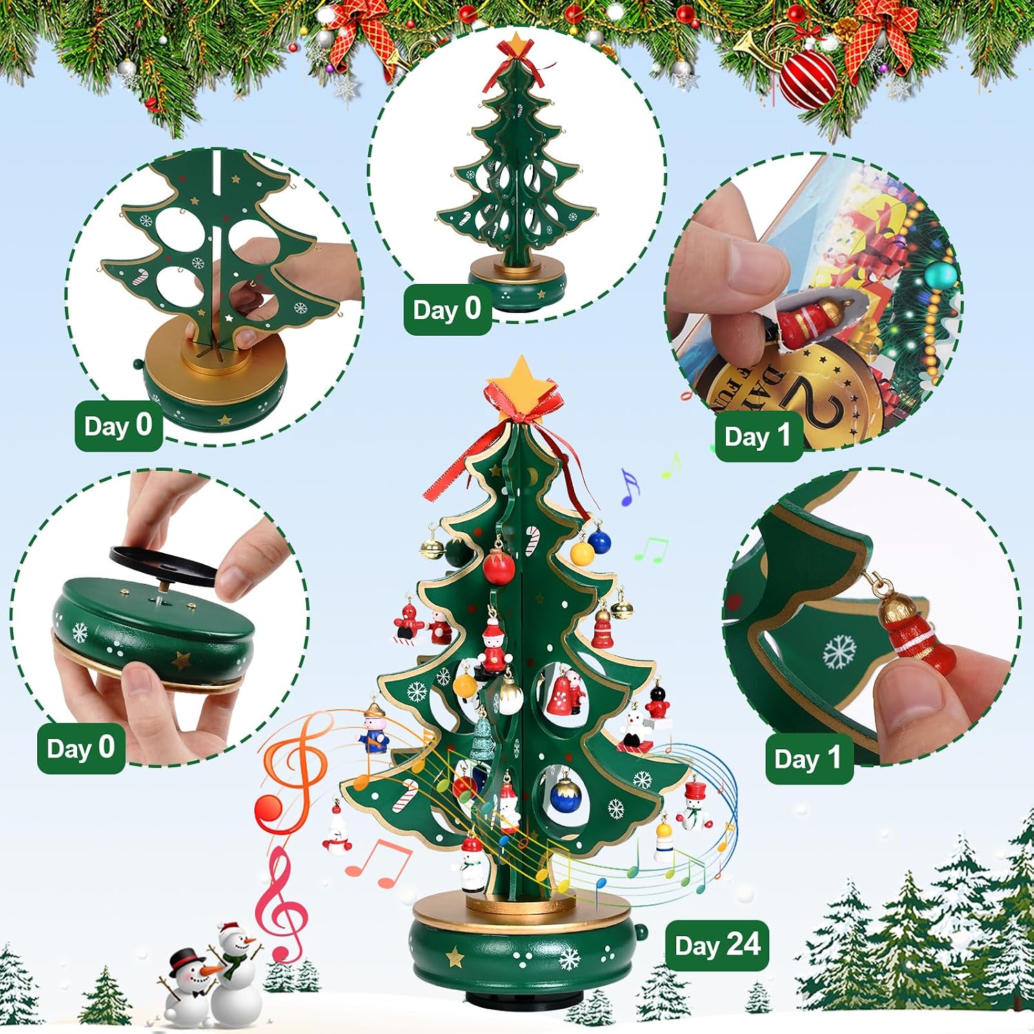 Uspring Christmas 24 Days Countdown Advent Calendar 2025, Musical Wooden Christmas Tree with Classic Music Box and 36