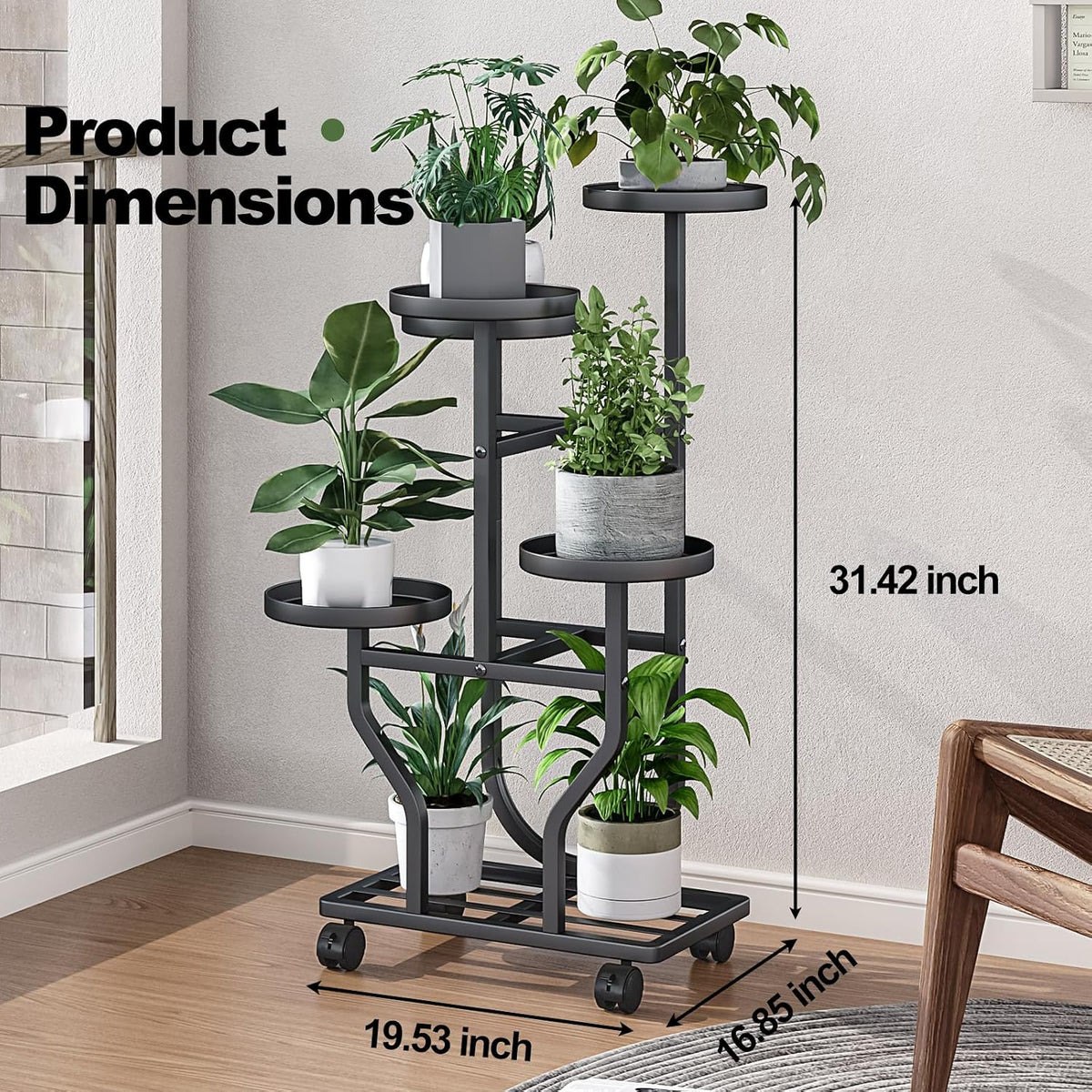 Plant Stand with Wheels, Black 5 Tier Metal Plant Shelf for Indoor Outdoor | Corner Plants Stand Indoor for Bedroom