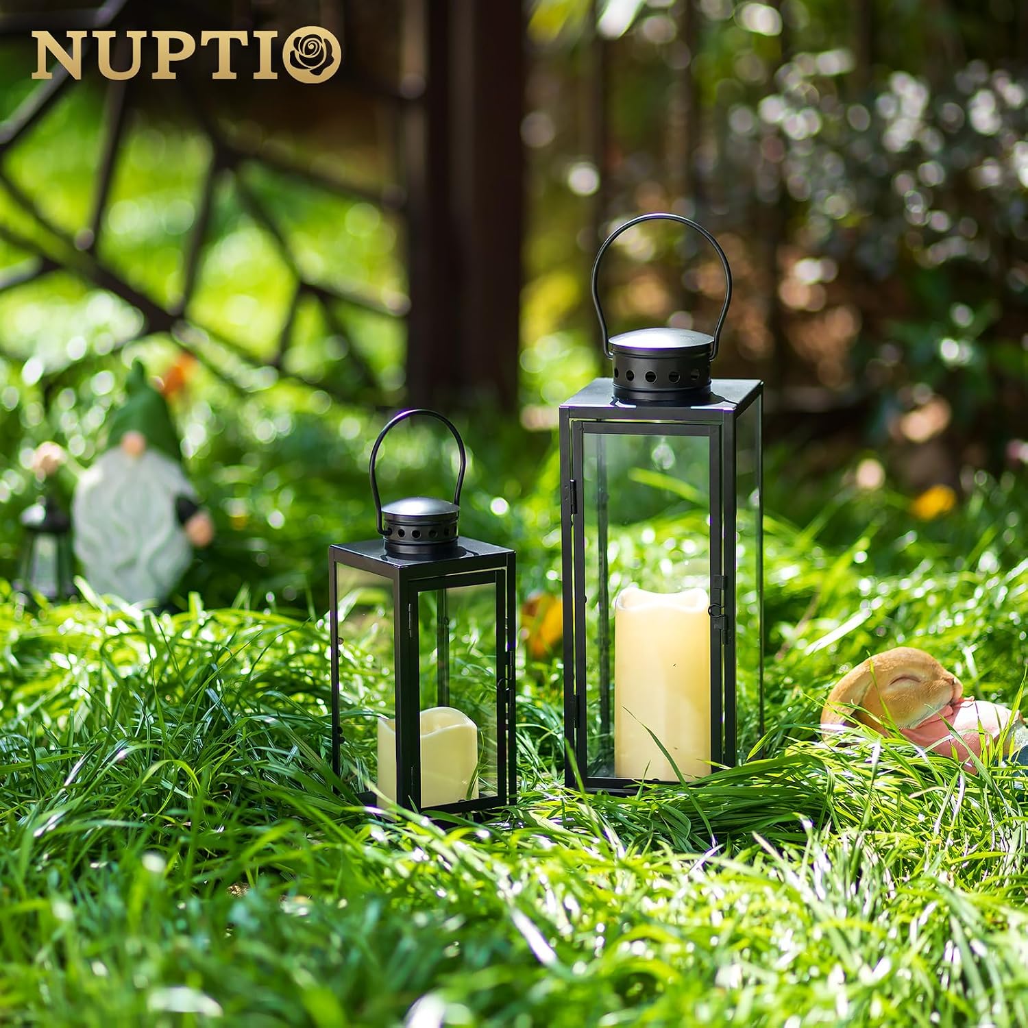 NUPTIO Lanterns Decorative Indoor Black, 9.5 & 13.8 inch Tall Lantern | Set of 2 Hurricane Lantern with Glass Panel