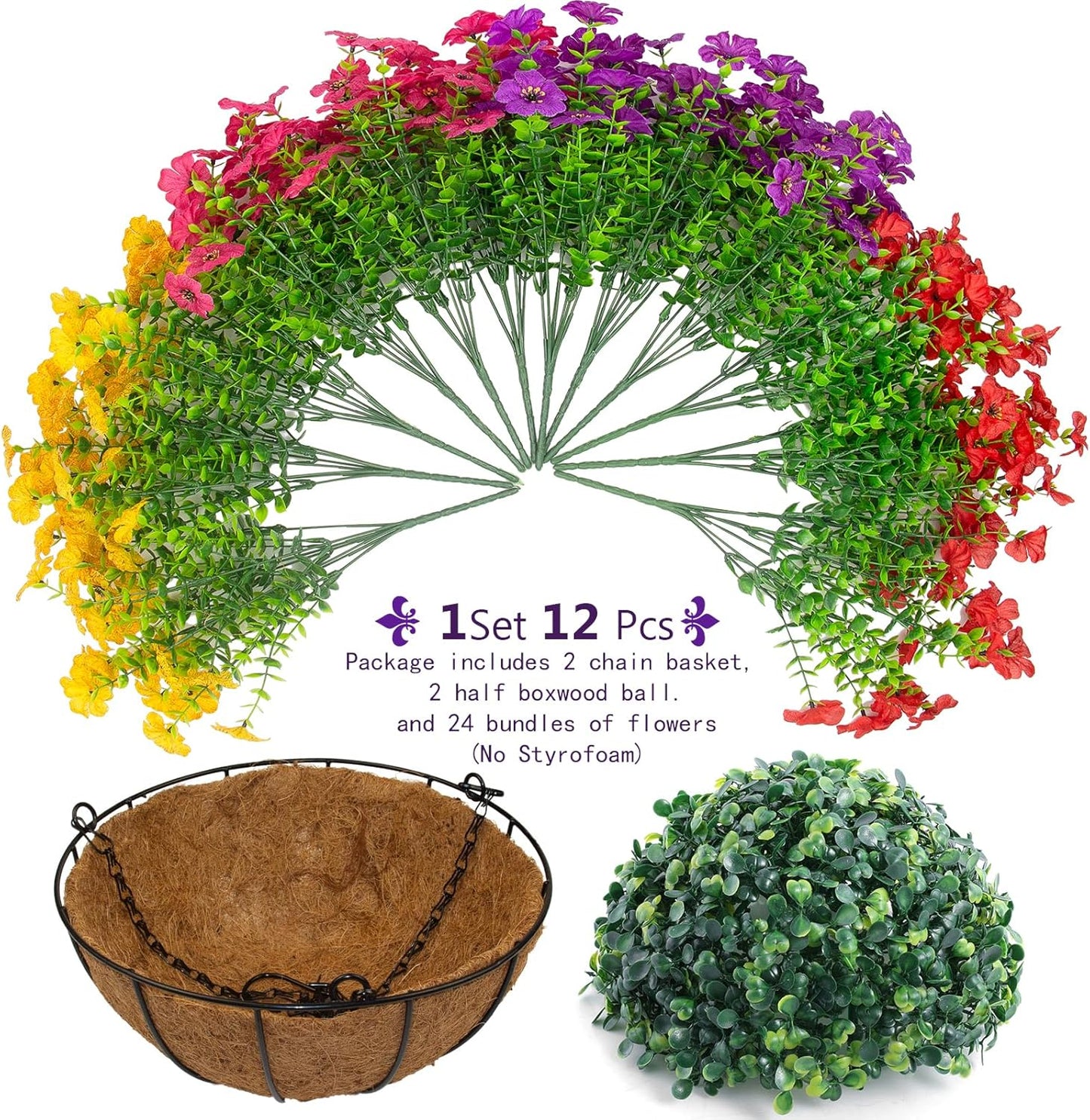 Artificial Outdoor Flowers / Red, Purple, Yellow, Rose Red / Set of 24