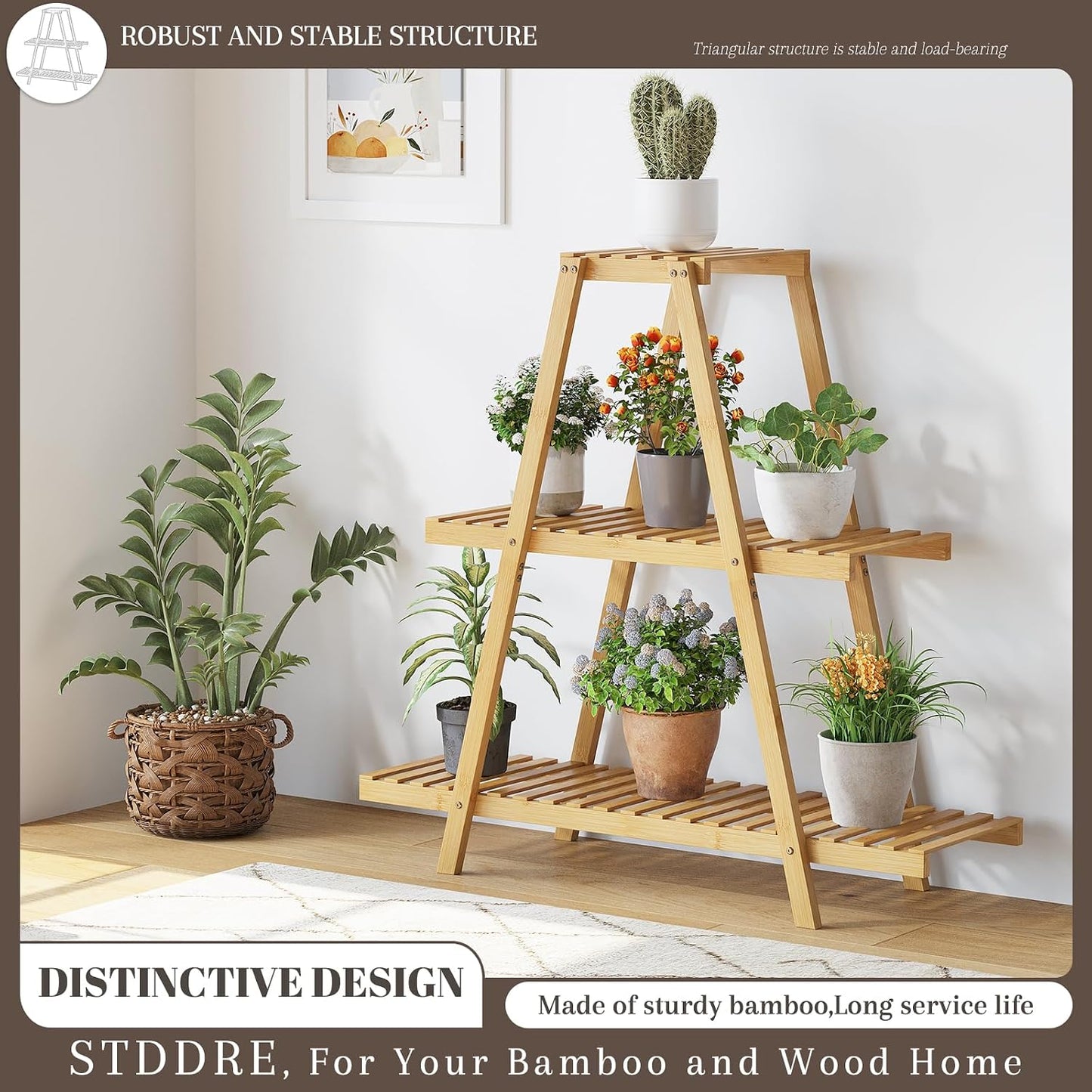 STDDRE Plant Stand For Indoor Outdoor Tiered Plant Shelf 3 Tier 8 Potted Bamboo Flower Holder Ladder Rack For Multiple