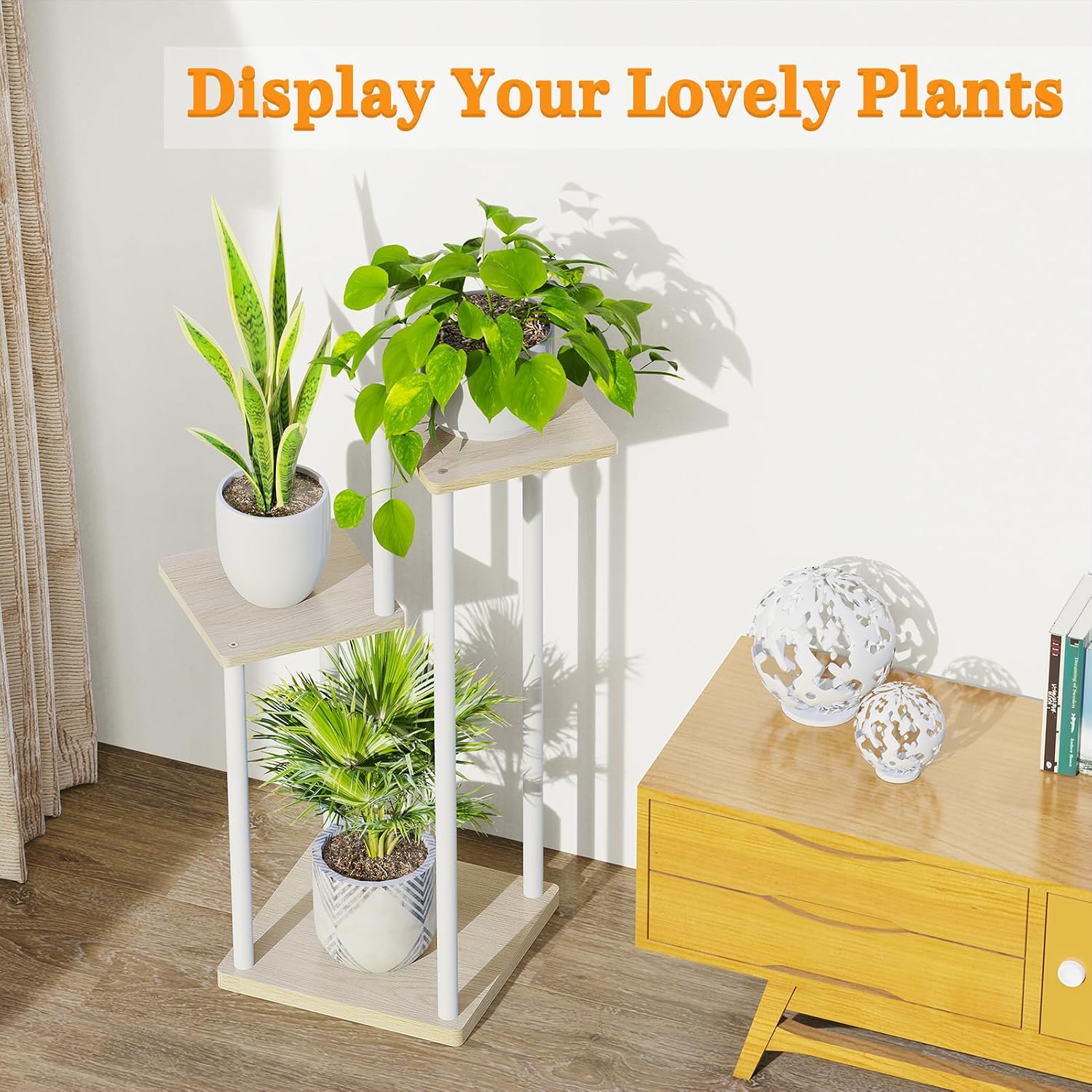 Oppro Plant Stand Indoor Outdoor,3 Tier Wood Metal Corner Flower Shelf | Planter Pot Holder, Multiple Modern Rack