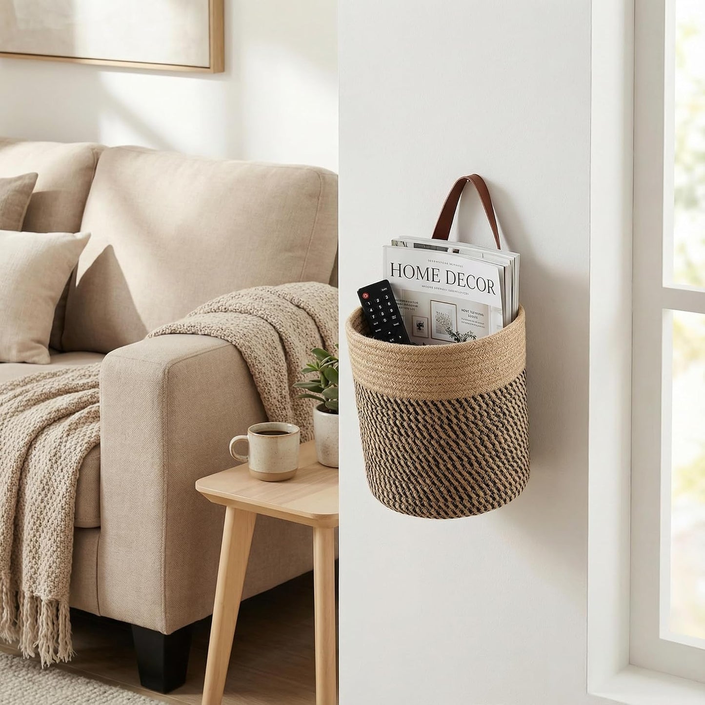Round Woven Wall Decor & Storage Planter for Plant Decor and Home / Jute & Black / 8 Inch / Set of 2