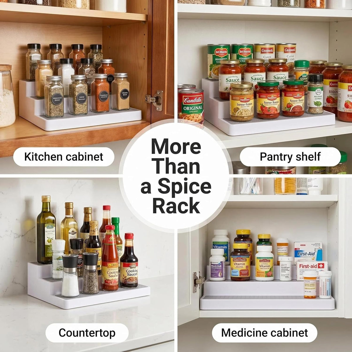 YAN & HIN 3 Tier Spice Rack Organizer for Cabinet, 3 Pack Non-Slip Spice Rack Shelf Organizer, Holds 24+ Jars, Plastic