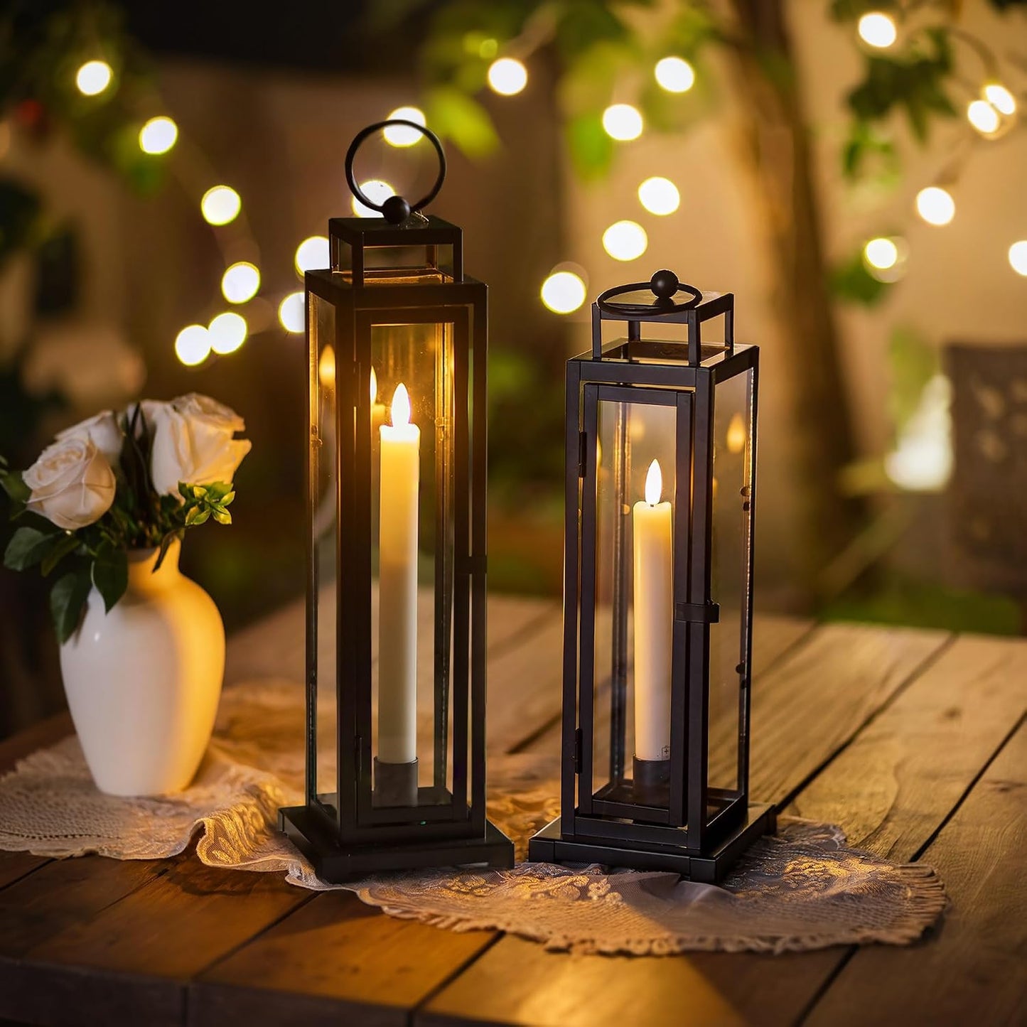 Black Lantern Decorative Indoor, with LED Taper Candles | 15" & 13", with Glass, Waterproof Outdoor Metal Lanterns, Set