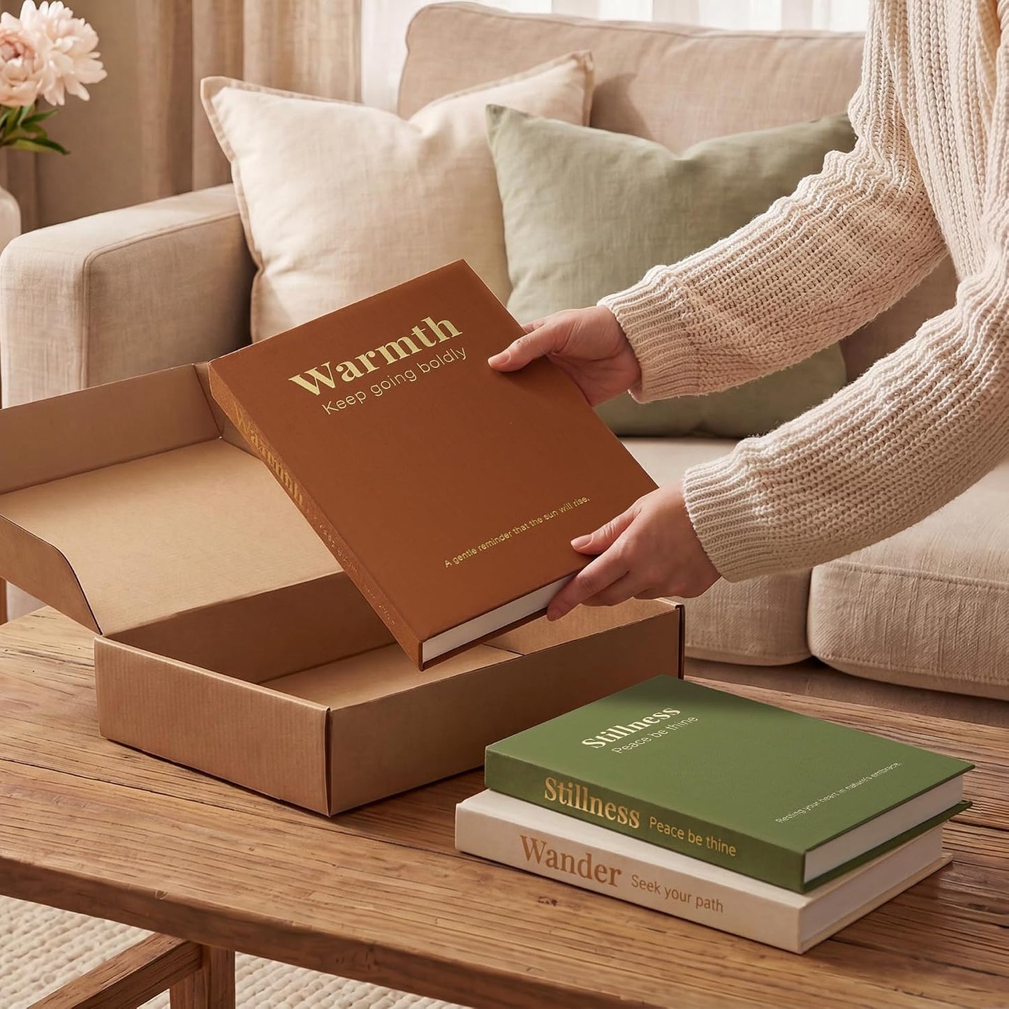 Faux Books / Linen Fake Book Box / Vintage Caramel-beige-olive / Set of 3