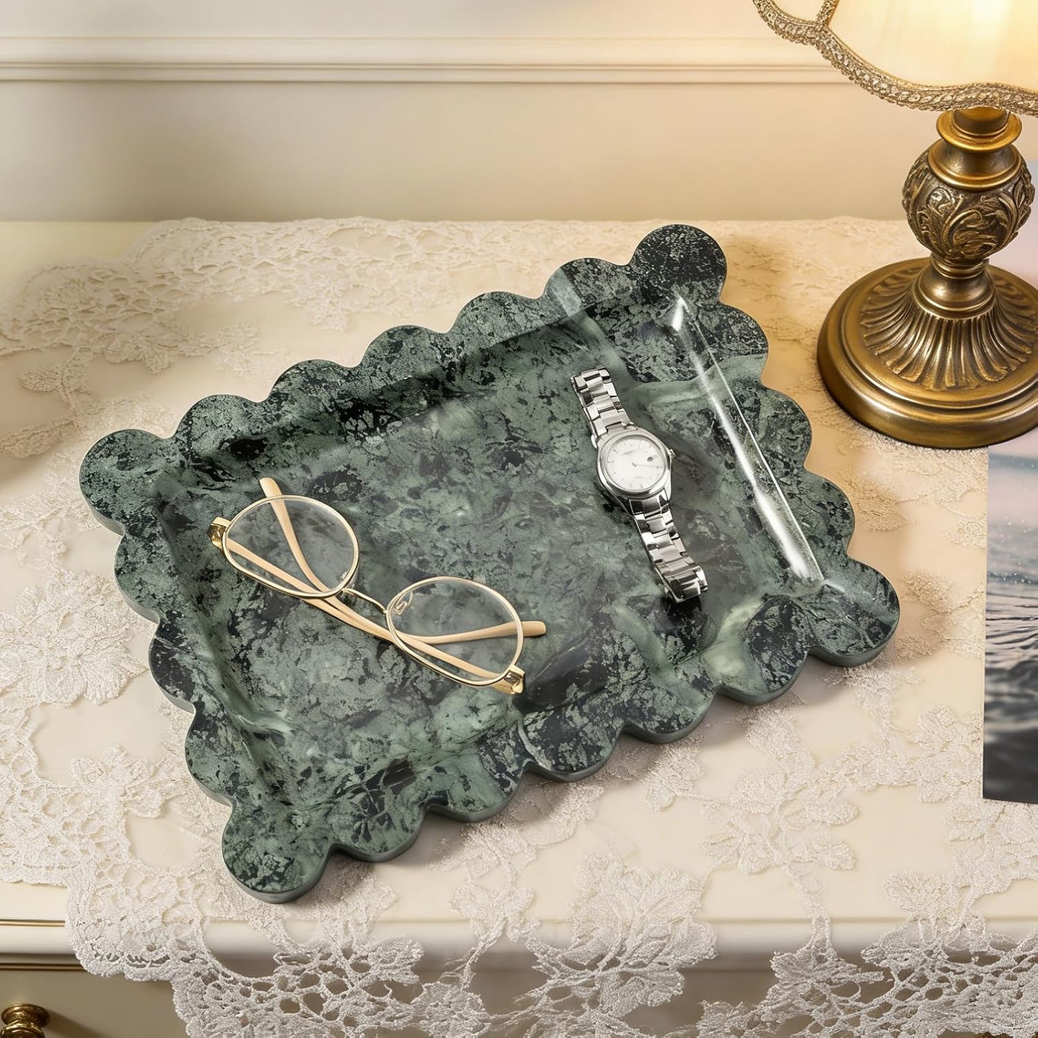 Scalloped Marble Tray / Green / 11 x 7.9 x 0.7