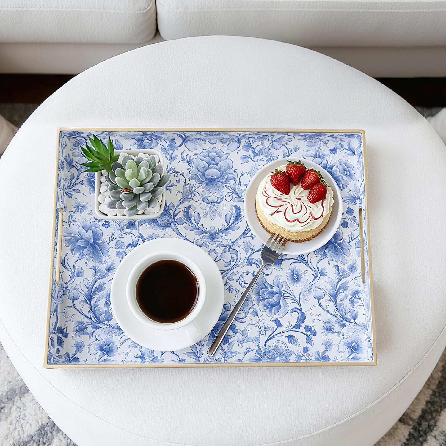 Serving Tray / Rectangular Plastic Tray / Blue and White Peony 1 Pc / 15.8 x 11.8 x 1.6