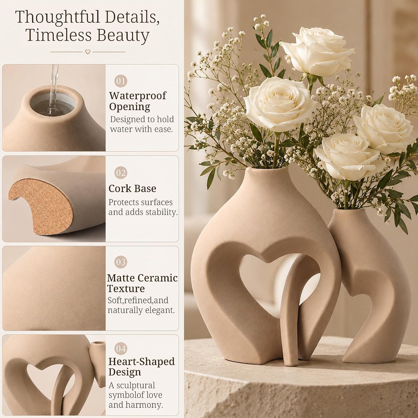 Ceramic Flower Vases Home Decor Heart Shaped Vase Nordic Heart Shaped Vases / Brown / Set of 2
