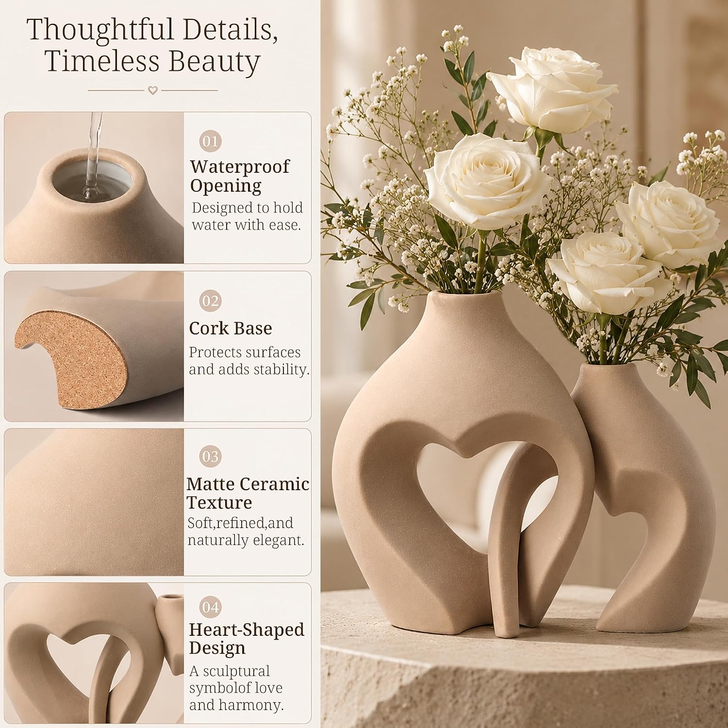 Ceramic Flower Vases Home Decor Heart Shaped Vase Nordic Heart Shaped Vases / Brown / Set of 2