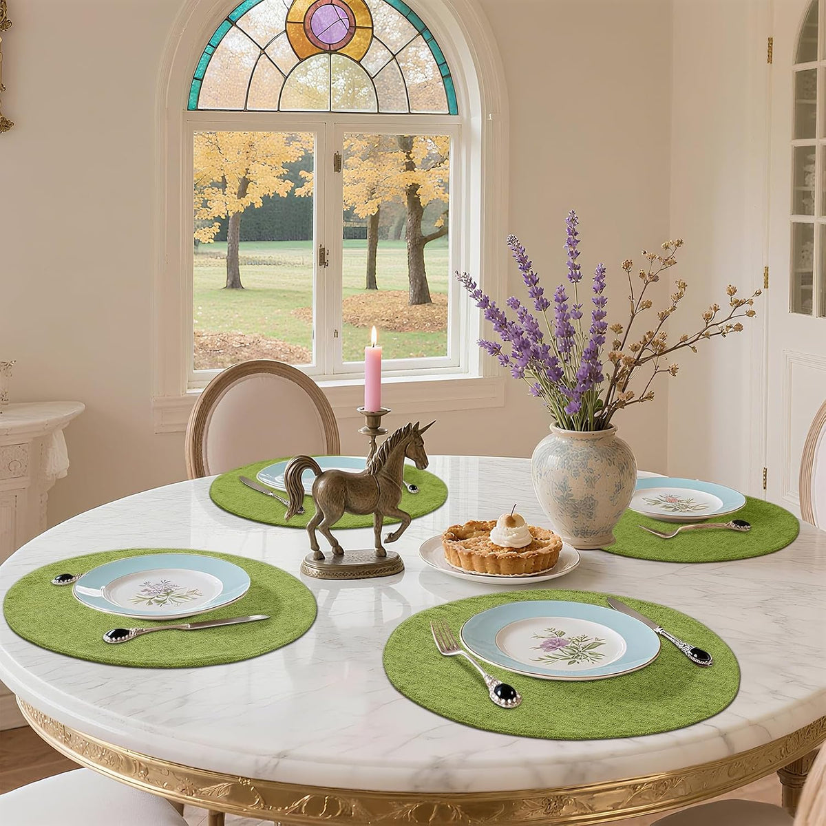 Cotton Linen 15 Inch Round Cloth Place mats, Set of 8, Grass Green | Washable Table Mats, Heat Resistant, Reversible
